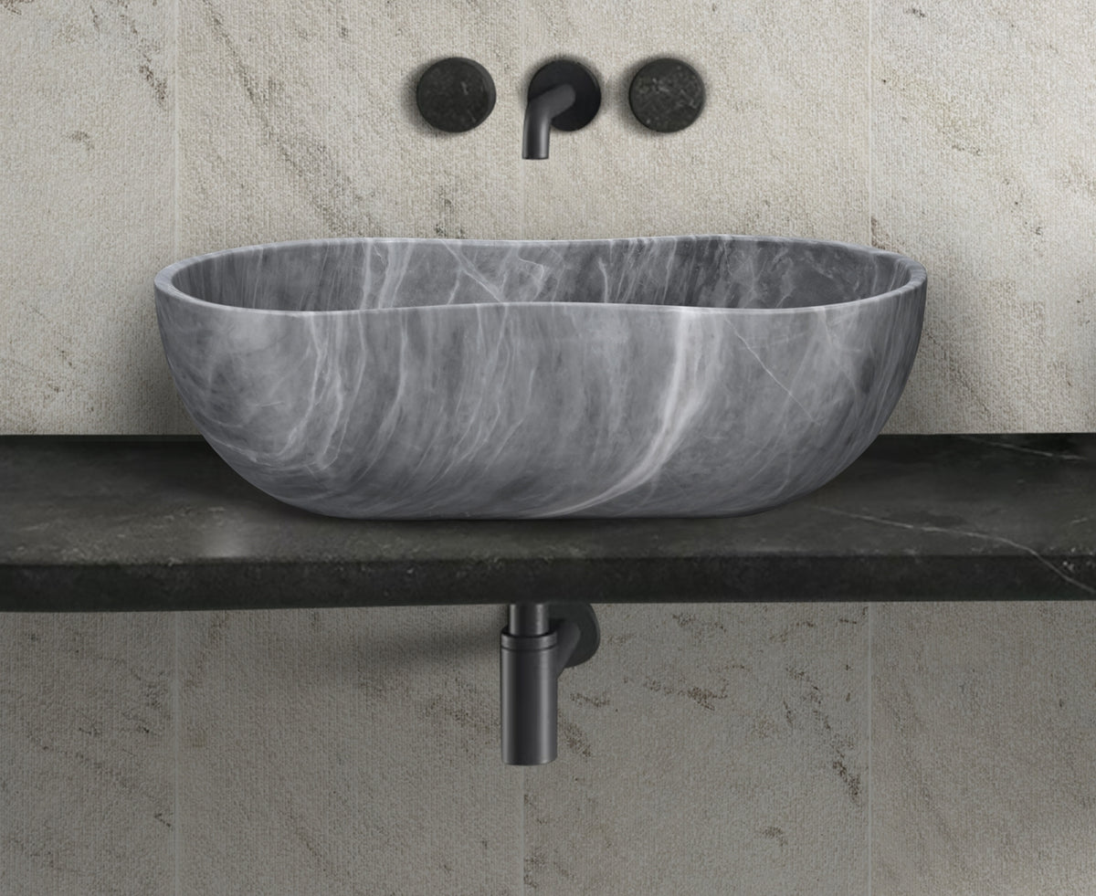 Carrara Gray natural marble bathroom vessel sink, semi-polished surface, natural stone, genuine marble, real marble, 23.6x14.2xH7.1 inches/600x360xH180 mm