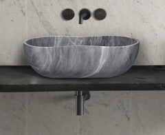 Carrara Gray natural marble bathroom vessel sink, semi-polished surface, natural stone, genuine marble, real marble, 23.6x14.2xH7.1 inches/600x360xH180 mm