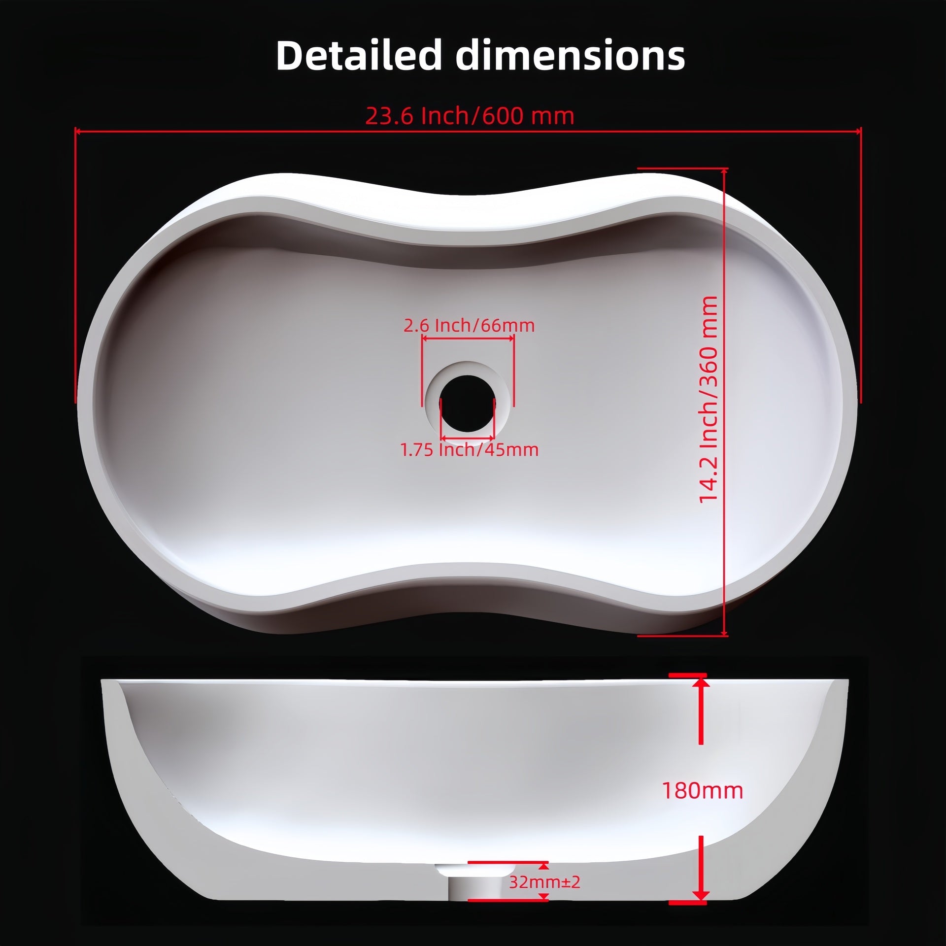 White natural marble bathroom vessel sink, semi-polished surface, natural stone, genuine marble, real marble, 23.6x14.2xh7.1 inches/600X360Xh180 mm
