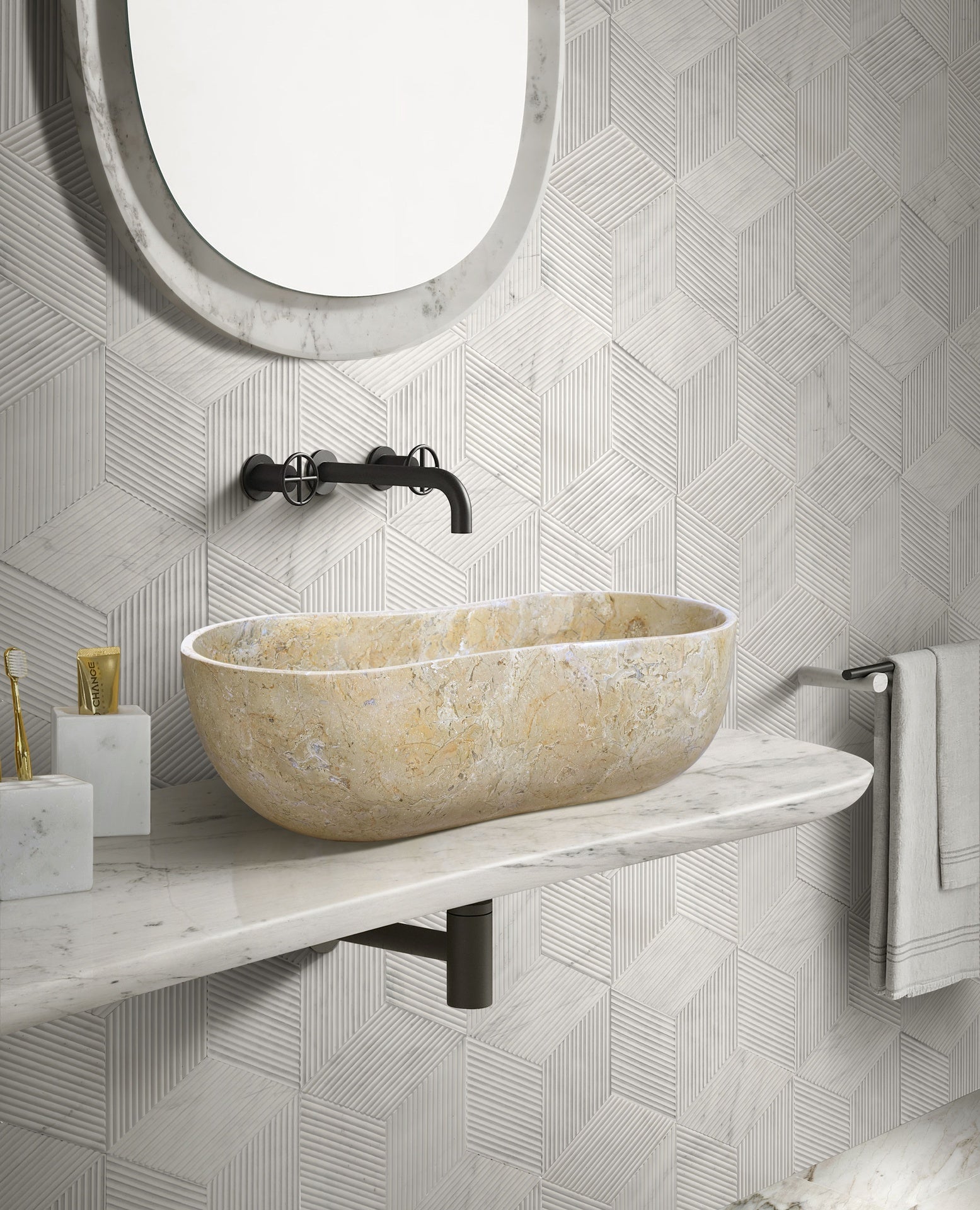 Gold Yellow Beige natural marble bathroom vessel sink, polished surface, natural stone, genuine marble, real marble, 23.6x14.2xH7.1 inches/600x360xH180 mm
