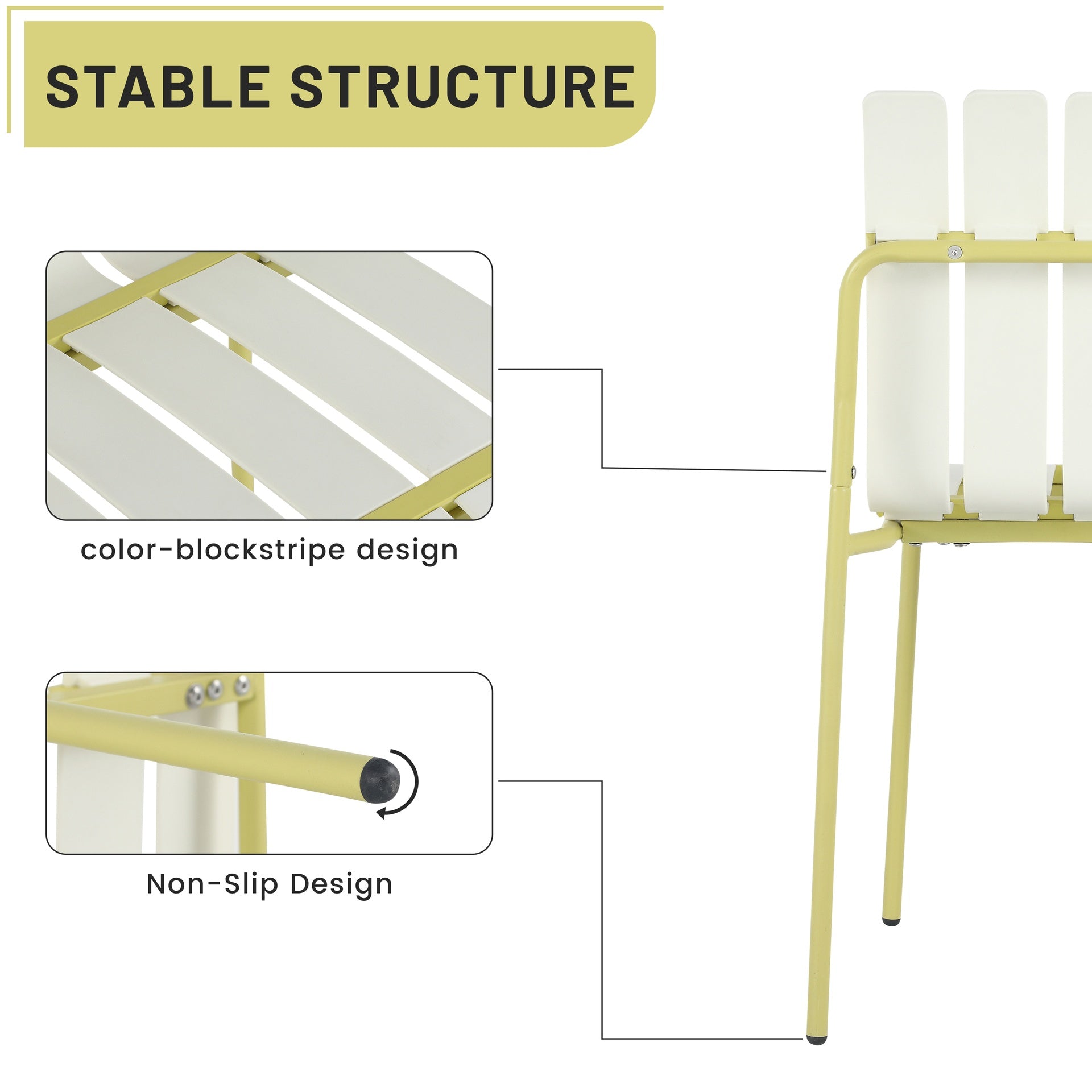 Holiday - 4-Pack Modern Striped Color Block Chairs - Waterproof PP Seat & Sturdy Metal Legs(White&Yellow) with 55 Inch White Modern Long Table - Indoor/Outdoor- Lightweight PP Tabletop with Metal Legs