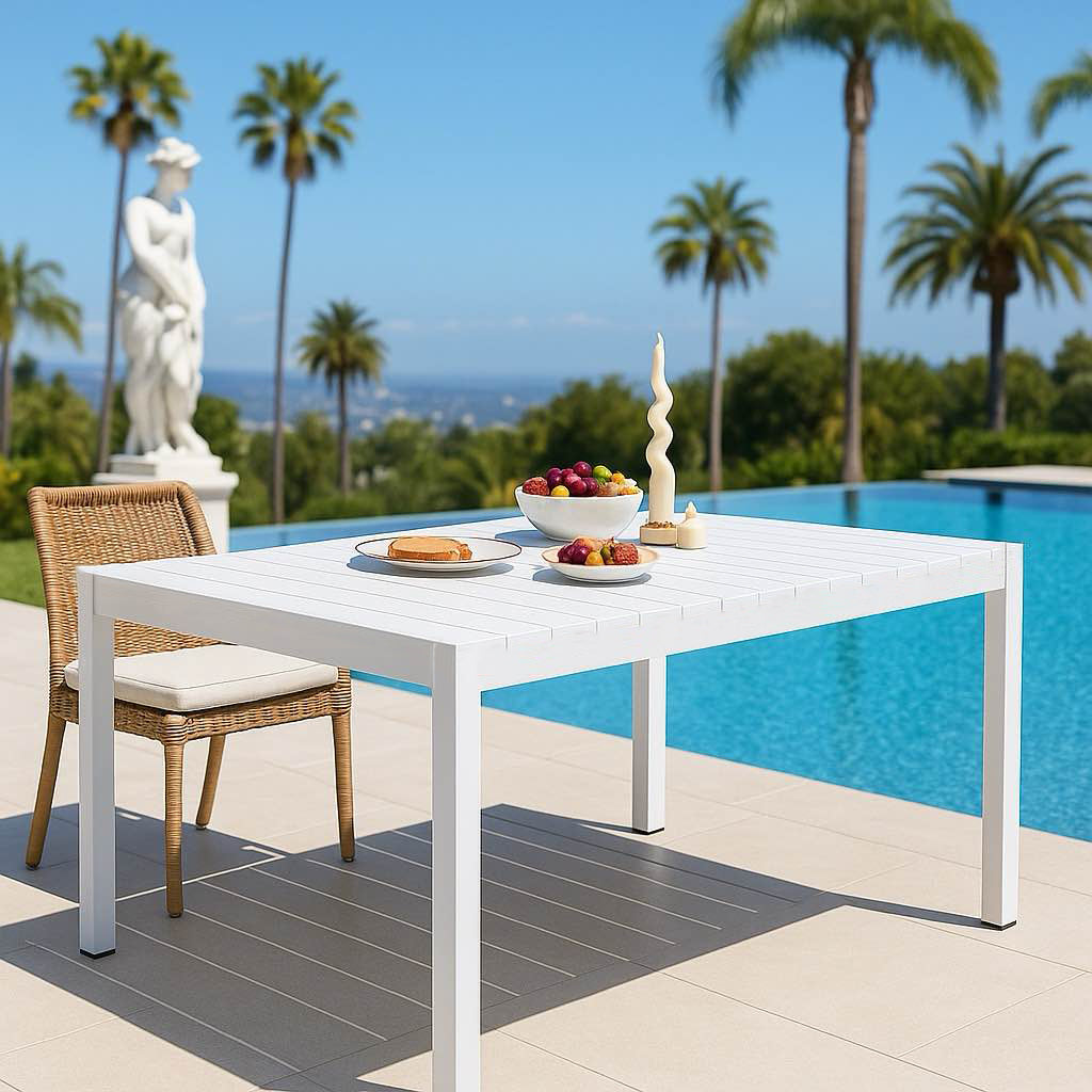 Holiday - 55 Inch Modern Long Table - Indoor/Outdoor Multi-Purpose Dining Table, Patio Table, Garden Table - Lightweight PP Tabletop with Metal Legs for Kitchen, Courtyard, Terrace Gatherings (White)