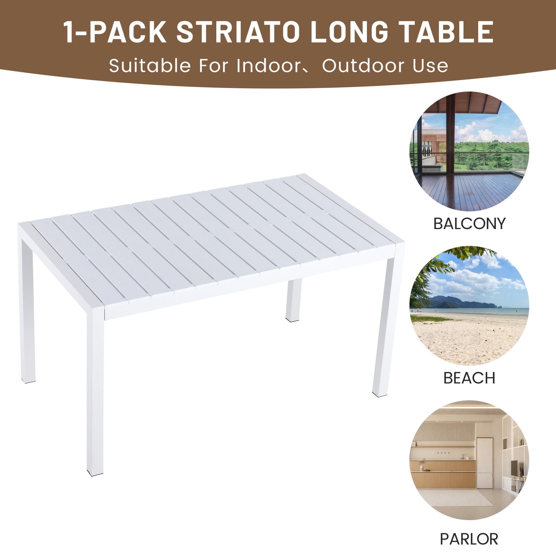 Holiday - 55 Inch Modern Long Table - Indoor/Outdoor Multi-Purpose Dining Table, Patio Table, Garden Table - Lightweight PP Tabletop with Metal Legs for Kitchen, Courtyard, Terrace Gatherings (White)