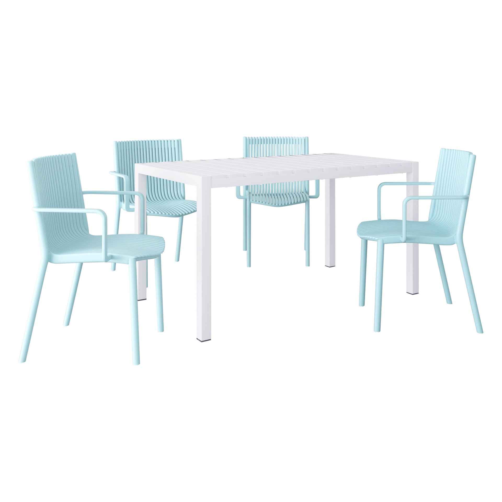Holiday - 4pcs Light Blue Stackable PP Armchair for Indoor/Outdoor Use – Ergonomic Slatted Back with 55 Inch White Modern Long Table - Indoor/Outdoor- Lightweight PP Tabletop with Metal