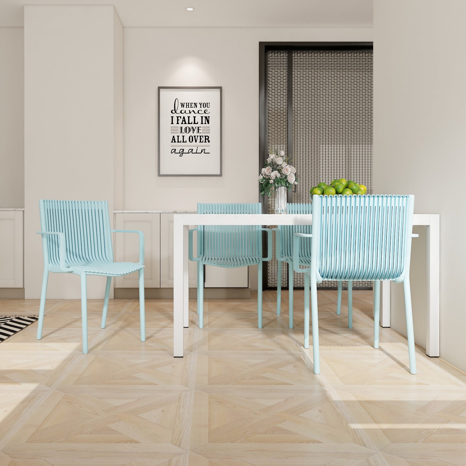 Holiday - 4pcs Light Blue Stackable PP Armchair for Indoor/Outdoor Use – Ergonomic Slatted Back with 55 Inch White Modern Long Table - Indoor/Outdoor- Lightweight PP Tabletop with Metal