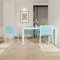 Holiday - 4pcs Light Blue Stackable PP Armchair for Indoor/Outdoor Use – Ergonomic Slatted Back with 55 Inch White Modern Long Table - Indoor/Outdoor- Lightweight PP Tabletop with Metal