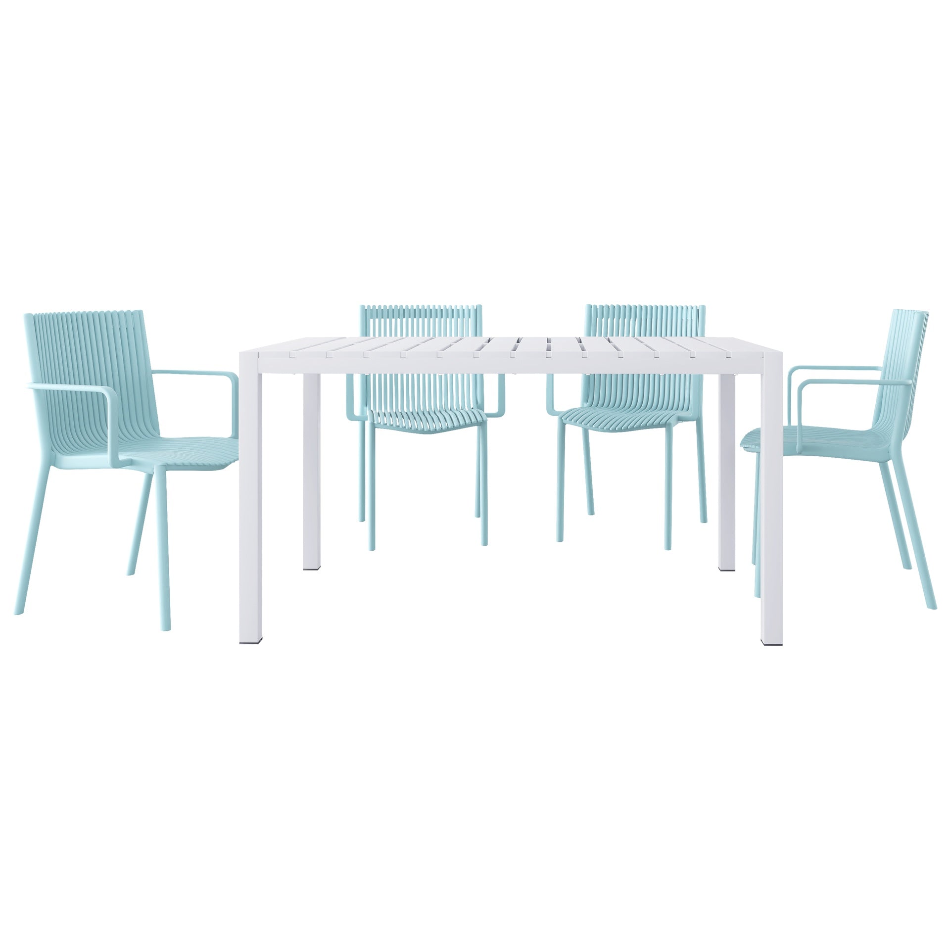 Holiday - 4pcs Light Blue Stackable PP Armchair for Indoor/Outdoor Use – Ergonomic Slatted Back with 55 Inch White Modern Long Table - Indoor/Outdoor- Lightweight PP Tabletop with Metal
