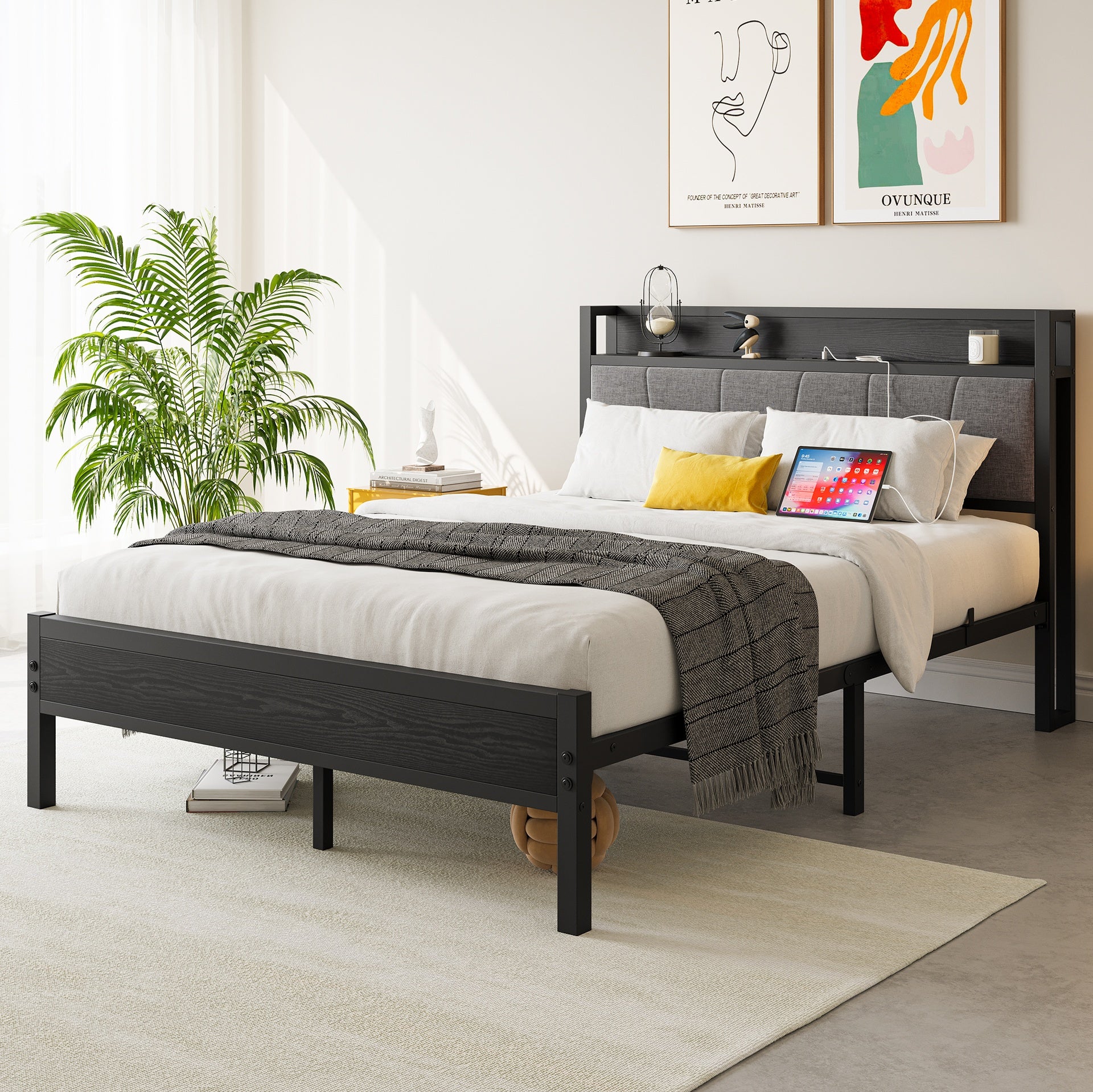 Full Size Bed Frame, Storage Headboard with Charging Station, Solid and Stable, No Box Spring Needed, Easy Assembly