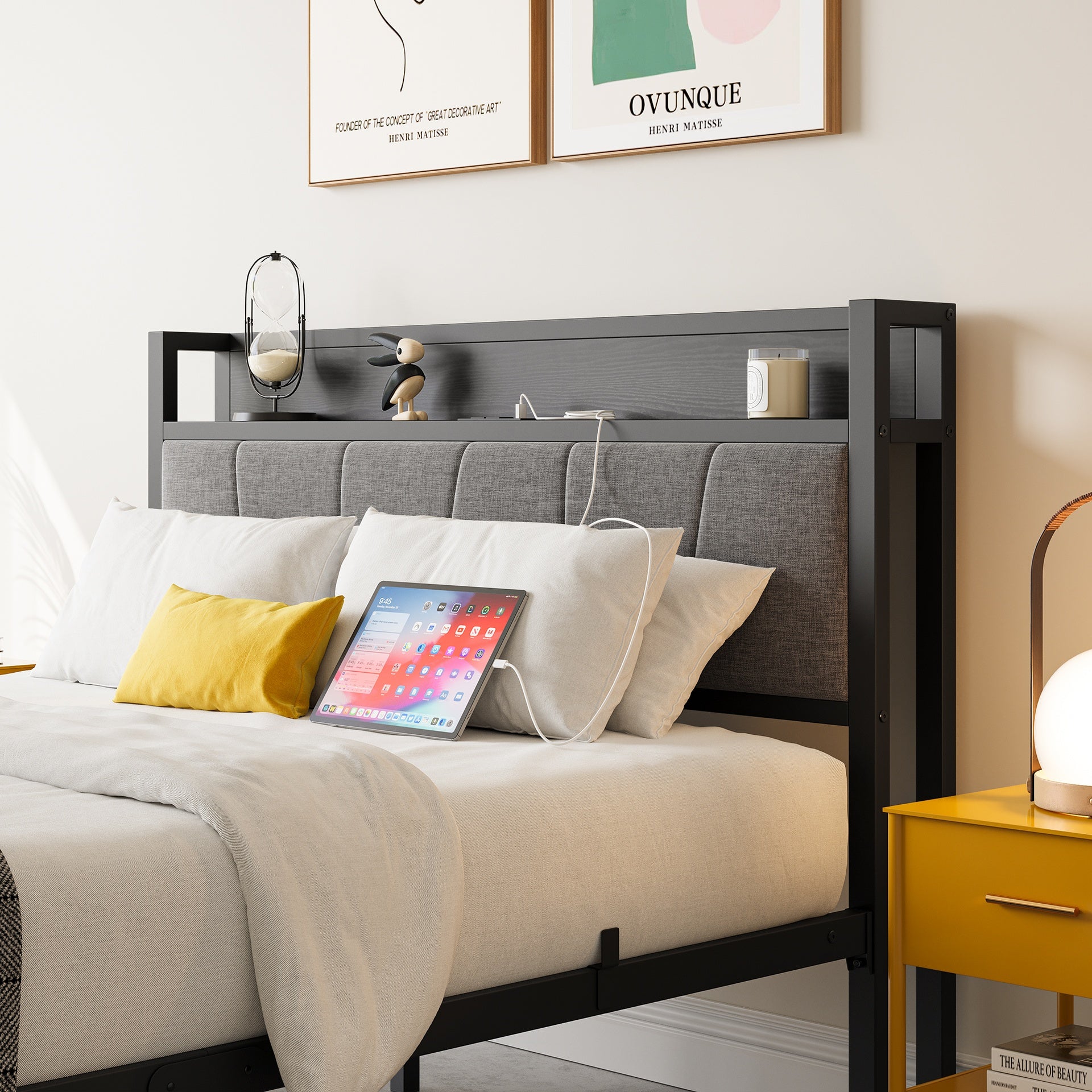 Full Size Bed Frame, Storage Headboard with Charging Station, Solid and Stable, No Box Spring Needed, Easy Assembly