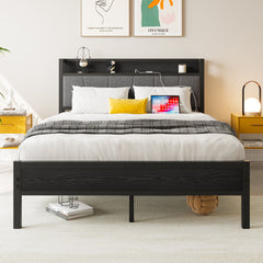 Full Size Bed Frame, Storage Headboard with Charging Station, Solid and Stable, No Box Spring Needed, Easy Assembly