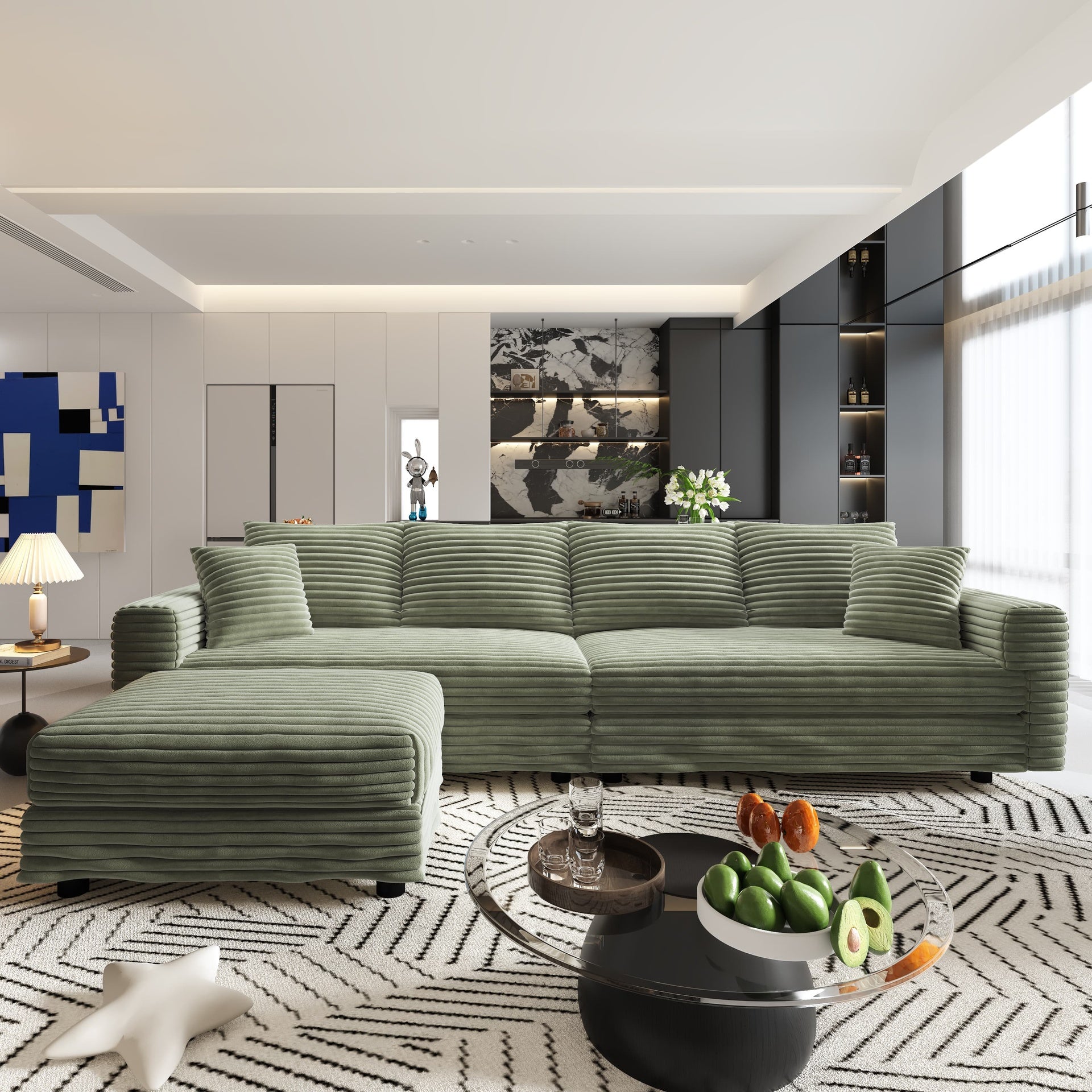 102.4 "Plush Corduroy 4-Seat Sofa,Modern Comfy Upholstered Sofa Cloud Couch,Deep Seat Couches with Soft Pillows and Movable Ottoman,Convertible Sofa Lounge Chair,Green(New SKU:W1885S00276)