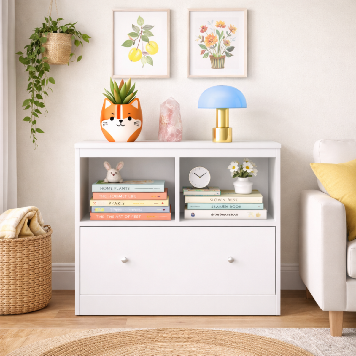 Kids Toy Storage Organizer with Large Drawer, Low Bookshelf for Nursery & Playroom, Wooden Kids Cabinet for Books and Toys, White
