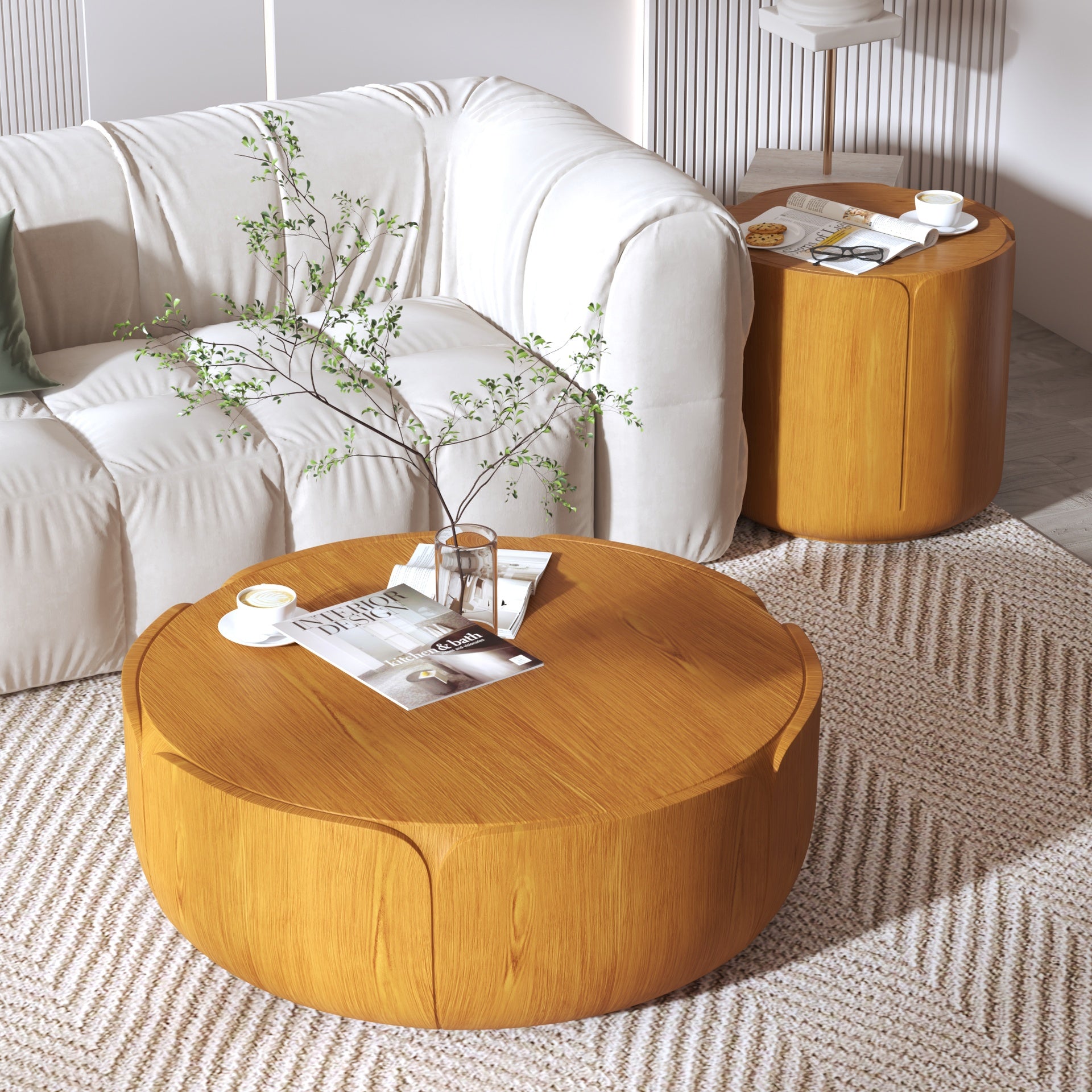 Round Outdoor Indoor Coffee Table Set, Modern Wood Grain Drum Center Table Set, Sturdy MGO (Magnesium Oxide) Waterproof, No-Assembly Table for Patio, Garden, Backyard, Living Room,Wood Color(Set of 2)