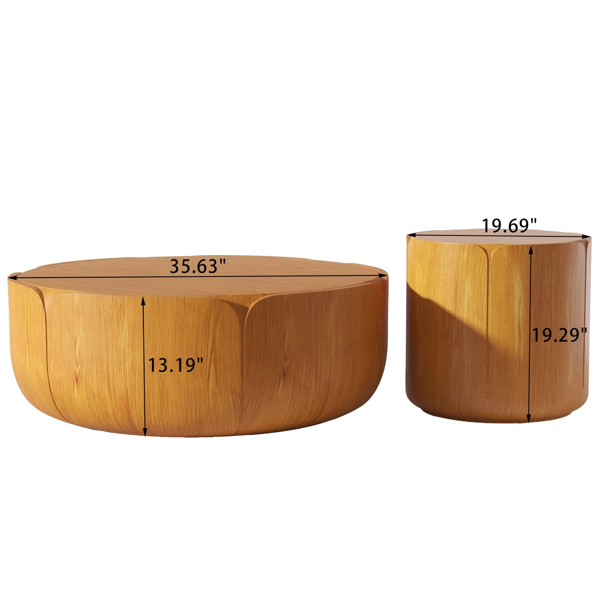 Round Outdoor Indoor Coffee Table Set, Modern Wood Grain Drum Center Table Set, Sturdy MGO (Magnesium Oxide) Waterproof, No-Assembly Table for Patio, Garden, Backyard, Living Room,Wood Color(Set of 2)