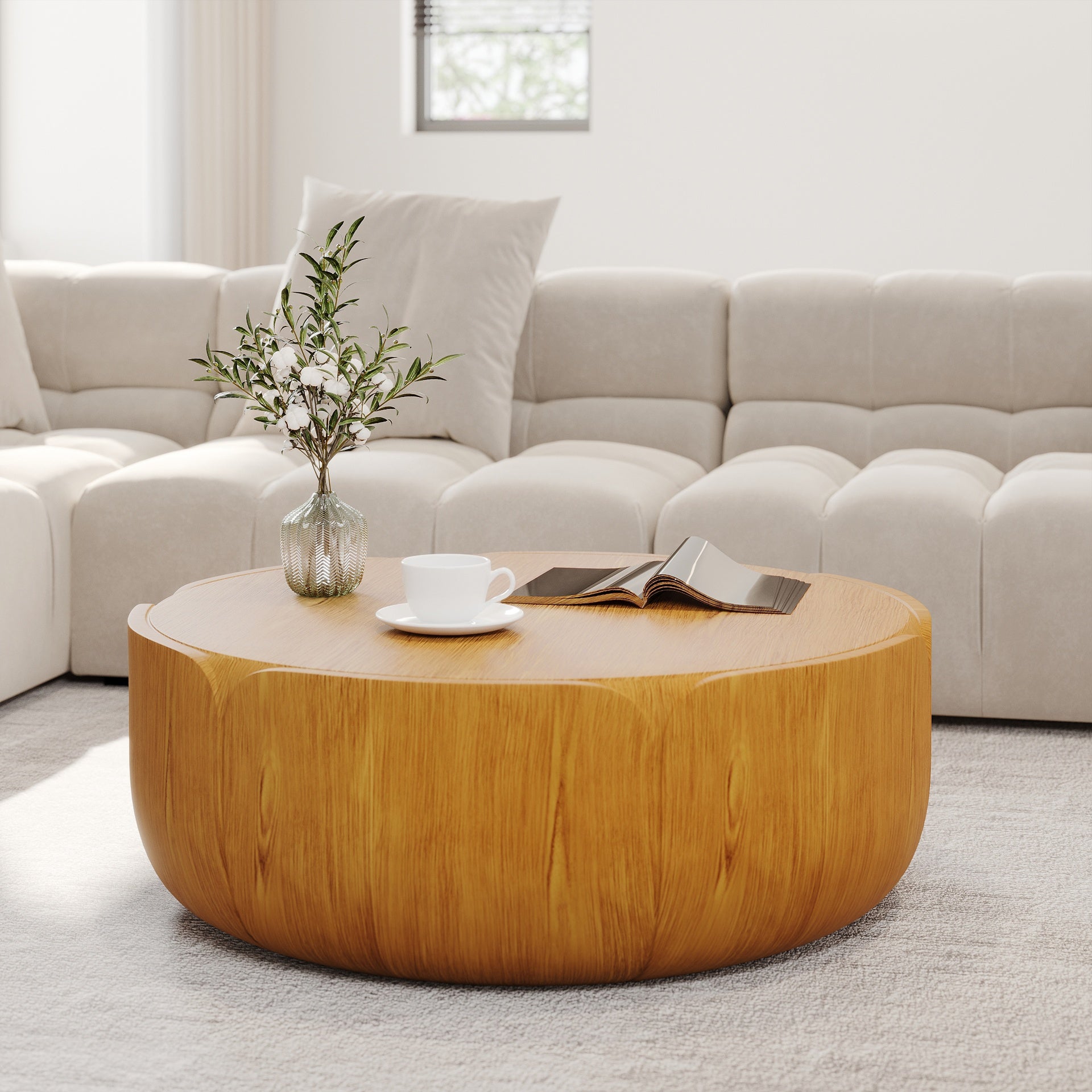 35.63" Round Outdoor Indoor Coffee Table, Modern Wood Grain Drum Center Table, Sturdy MGO (Magnesium Oxide) Waterproof, No-Assembly Table for Patio, Garden, Backyard, Living Room (Wood Color)