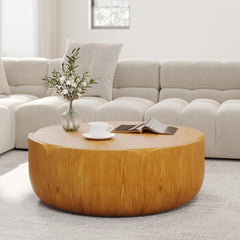 35.63" Round Outdoor Indoor Coffee Table, Modern Wood Grain Drum Center Table, Sturdy MGO (Magnesium Oxide) Waterproof, No-Assembly Table for Patio, Garden, Backyard, Living Room (Wood Color)