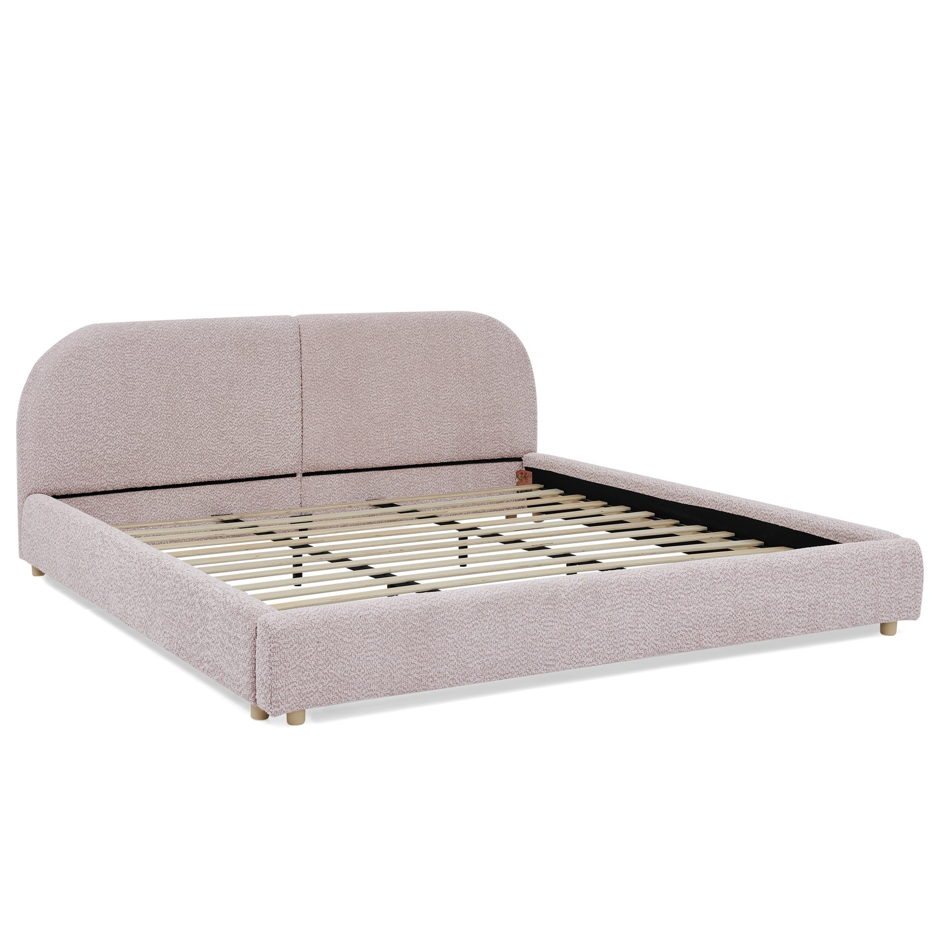 King Size Upholstered Bed Frame, Modern Minimalist Style with Tall Curved Headboard, Premium Circle Yarn Fabric & Sturdy Leg Support, Mattress Not Included-Pink