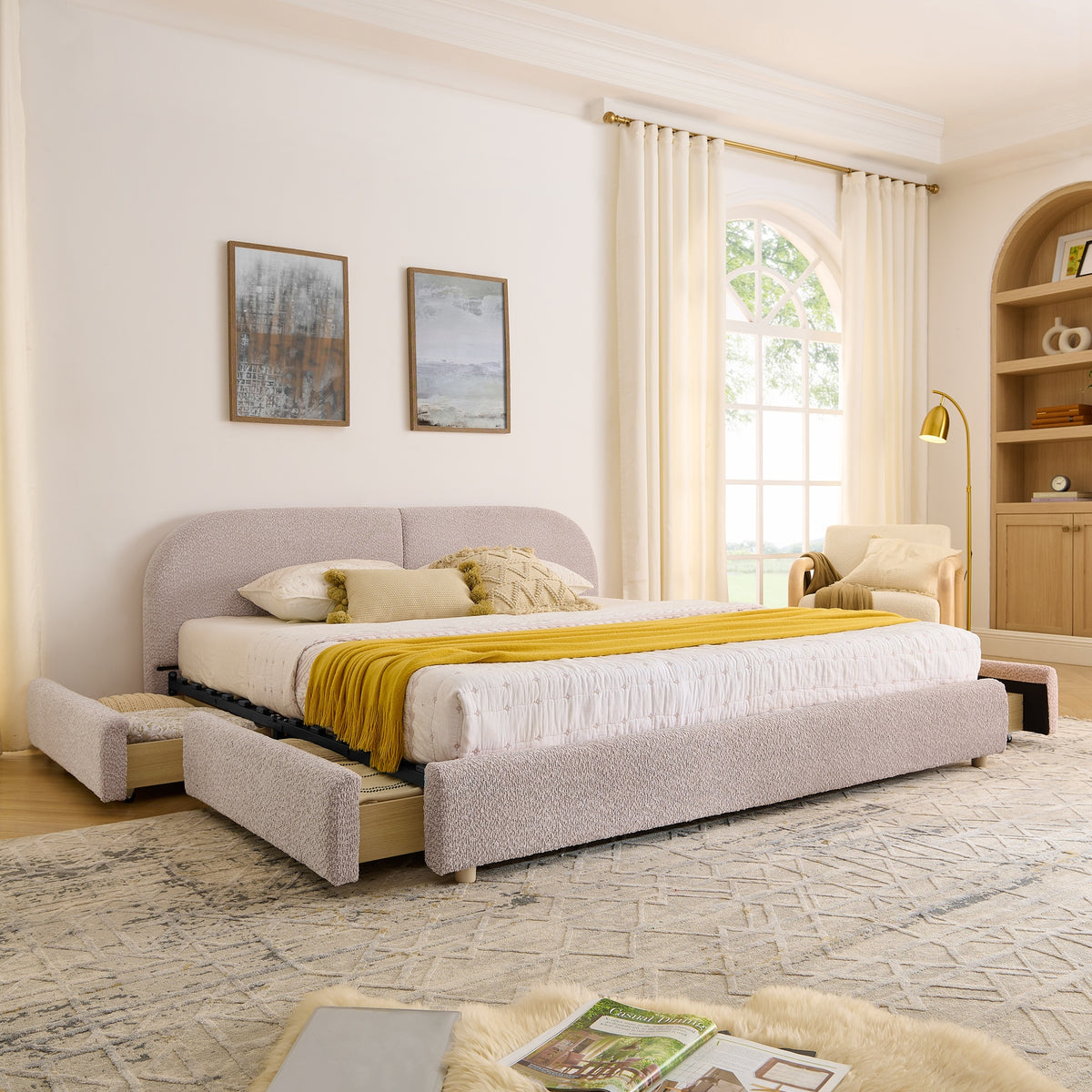 King Size Upholstered Bed Frame Modern Minimalist Style - Circle Yarn Fabric, Tall Curved Headboard, Sturdy Leg Support & Wheeled Drawer Storage, Mattress Not Included - Pink