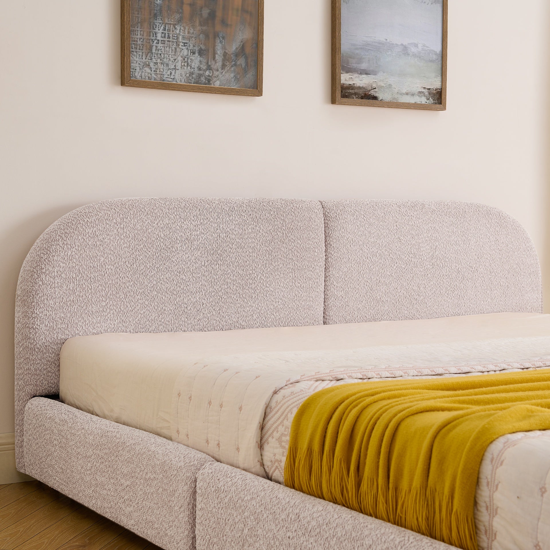 King Size Upholstered Bed Frame Modern Minimalist Style - Circle Yarn Fabric, Tall Curved Headboard, Sturdy Leg Support & Wheeled Drawer Storage, Mattress Not Included - Pink