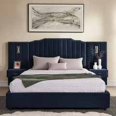 Queen Size Upholstered Bed Frame with Velvet Fabric, Vertical Stripe Design with Buttons Around  Platform Bed with Headboard, Solid Frame & Bedside Table - No Box Spring Needed-Dark Blue