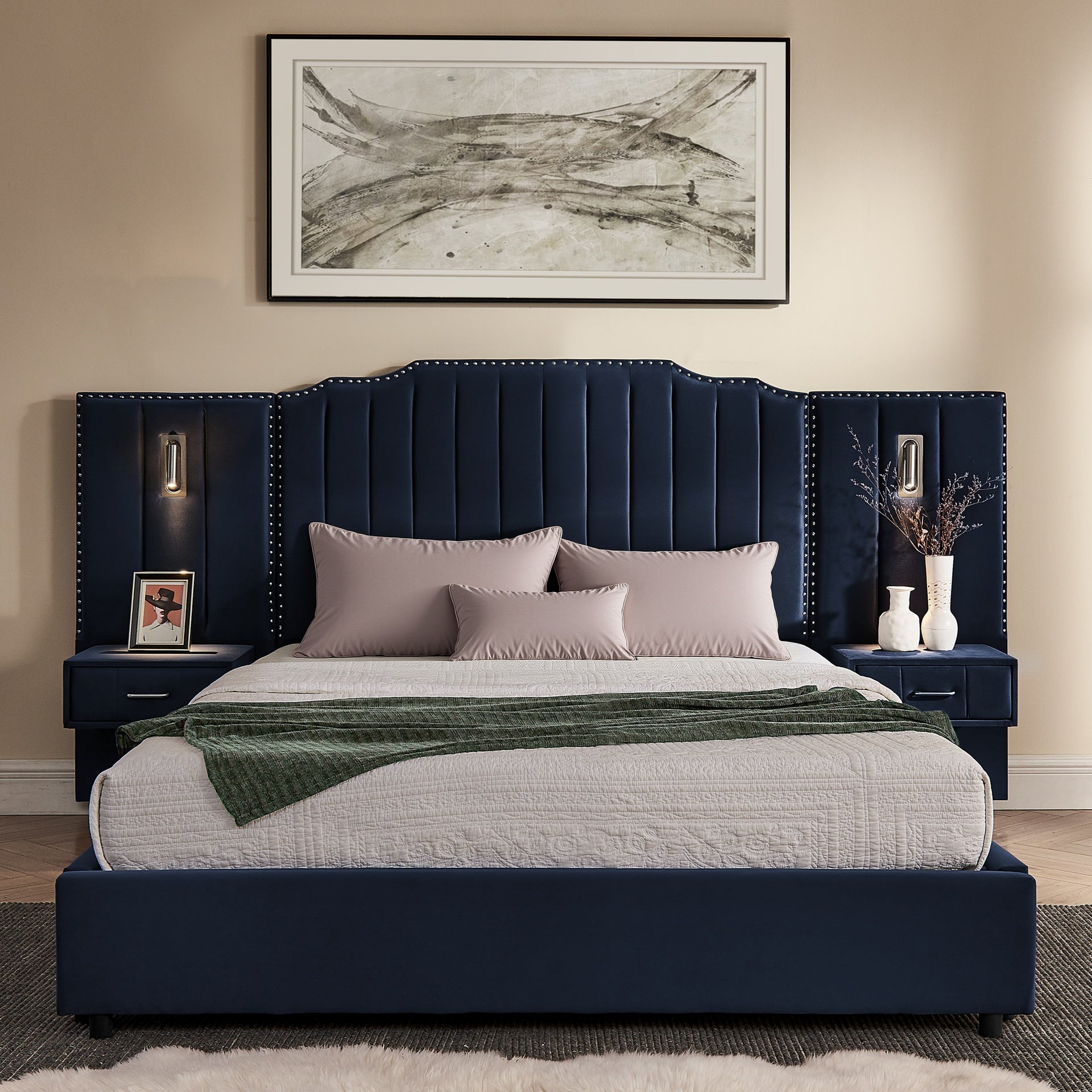 Queen Size Upholstered Bed Frame with Velvet Fabric, Vertical Stripe Design with Buttons Around  Platform Bed with Headboard, Solid Frame & Bedside Table - No Box Spring Needed-Dark Blue