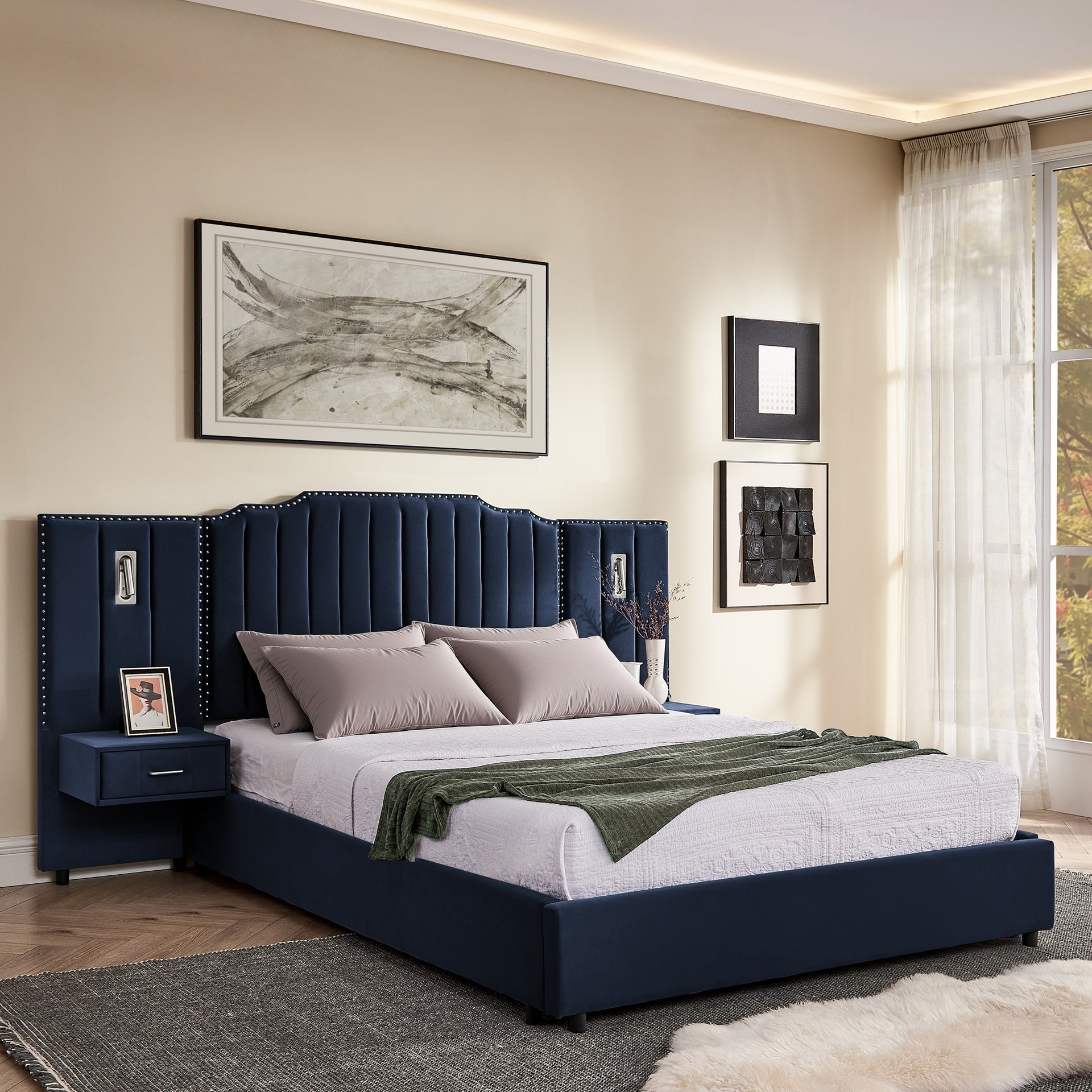 Queen Size Upholstered Bed Frame with Velvet Fabric, Vertical Stripe Design with Buttons Around  Platform Bed with Headboard, Solid Frame & Bedside Table - No Box Spring Needed-Dark Blue