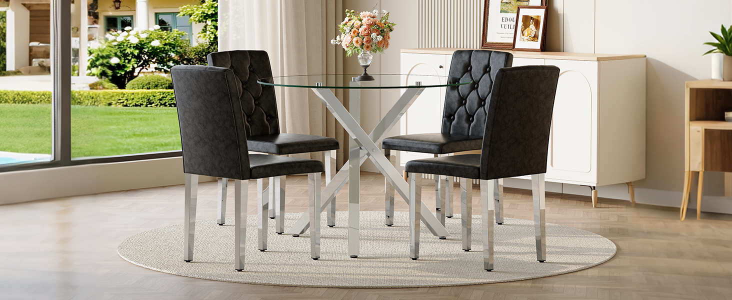 Table and chair set.Modern glass round table: 39 inch diameter, X-shaped silver metal bracket. Paired with 4 BLACK PU dining chairs with ergonomic buckle backrest.Suitable for restaurants, kitchens.