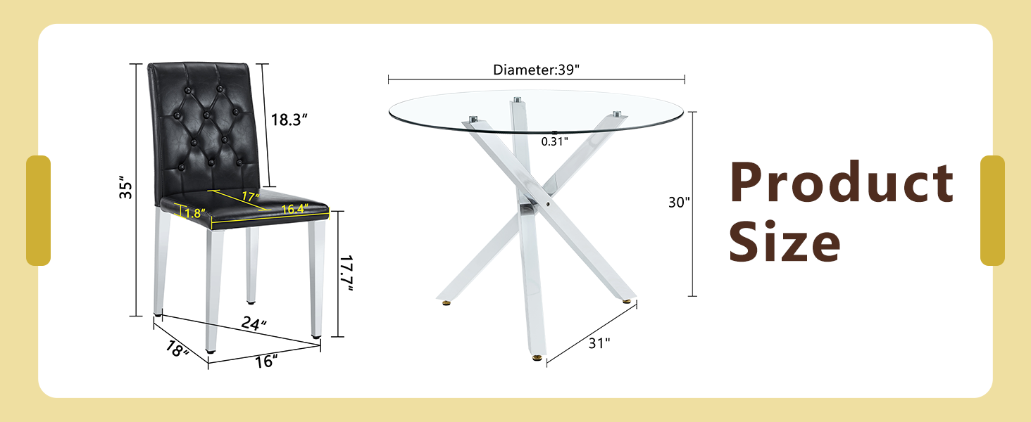 Table and chair set.Modern glass round table: 39 inch diameter, X-shaped silver metal bracket. Paired with 4 BLACK PU dining chairs with ergonomic buckle backrest.Suitable for restaurants, kitchens.