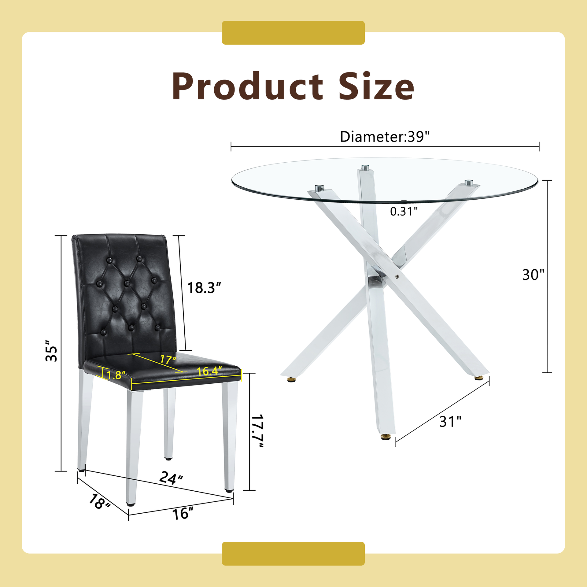 Table and chair set.Modern glass round table: 39 inch diameter, X-shaped silver metal bracket. Paired with 4 BLACK PU dining chairs with ergonomic buckle backrest.Suitable for restaurants, kitchens.