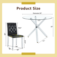 Table and chair set.Modern glass round table: 39 inch diameter, X-shaped silver metal bracket. Paired with 4 BLACK PU dining chairs with ergonomic buckle backrest.Suitable for restaurants, kitchens.