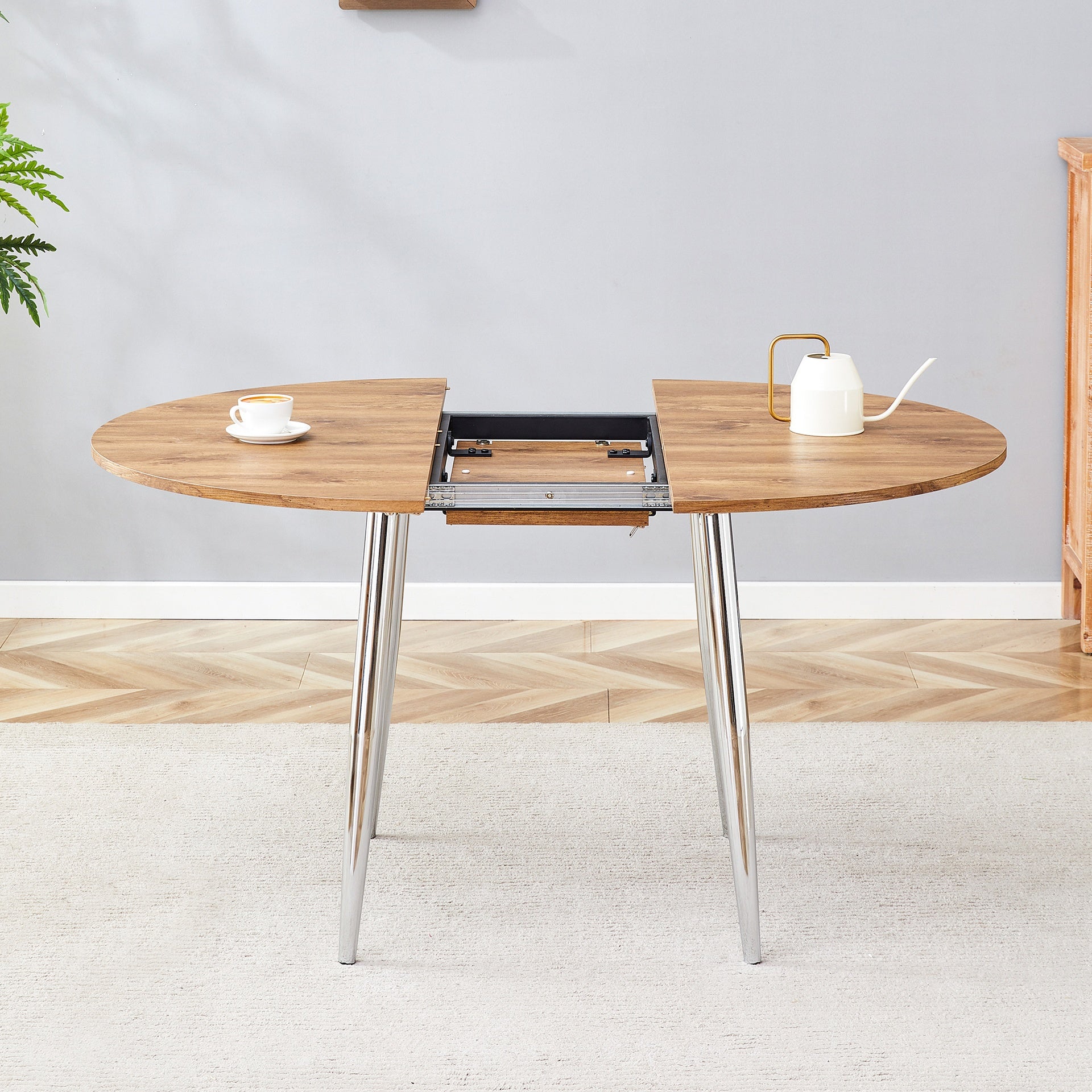 With a clever retractable mechanism, the Wood Grain MDF table top and silver metal legs and has a smooth and delicate surface.The unique look creates the sleek silhouette of a modern home.