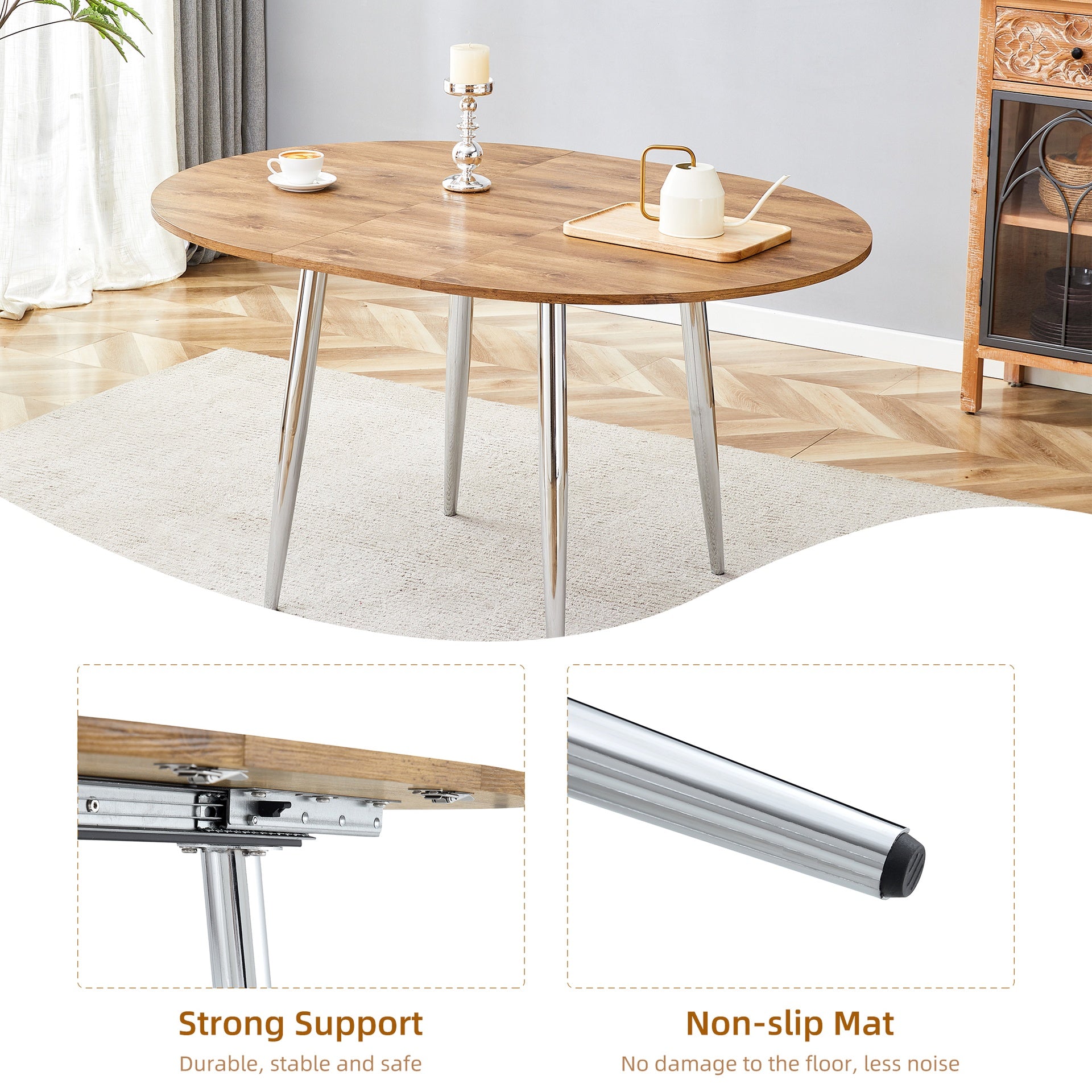 With a clever retractable mechanism, the Wood Grain MDF table top and silver metal legs and has a smooth and delicate surface.The unique look creates the sleek silhouette of a modern home.