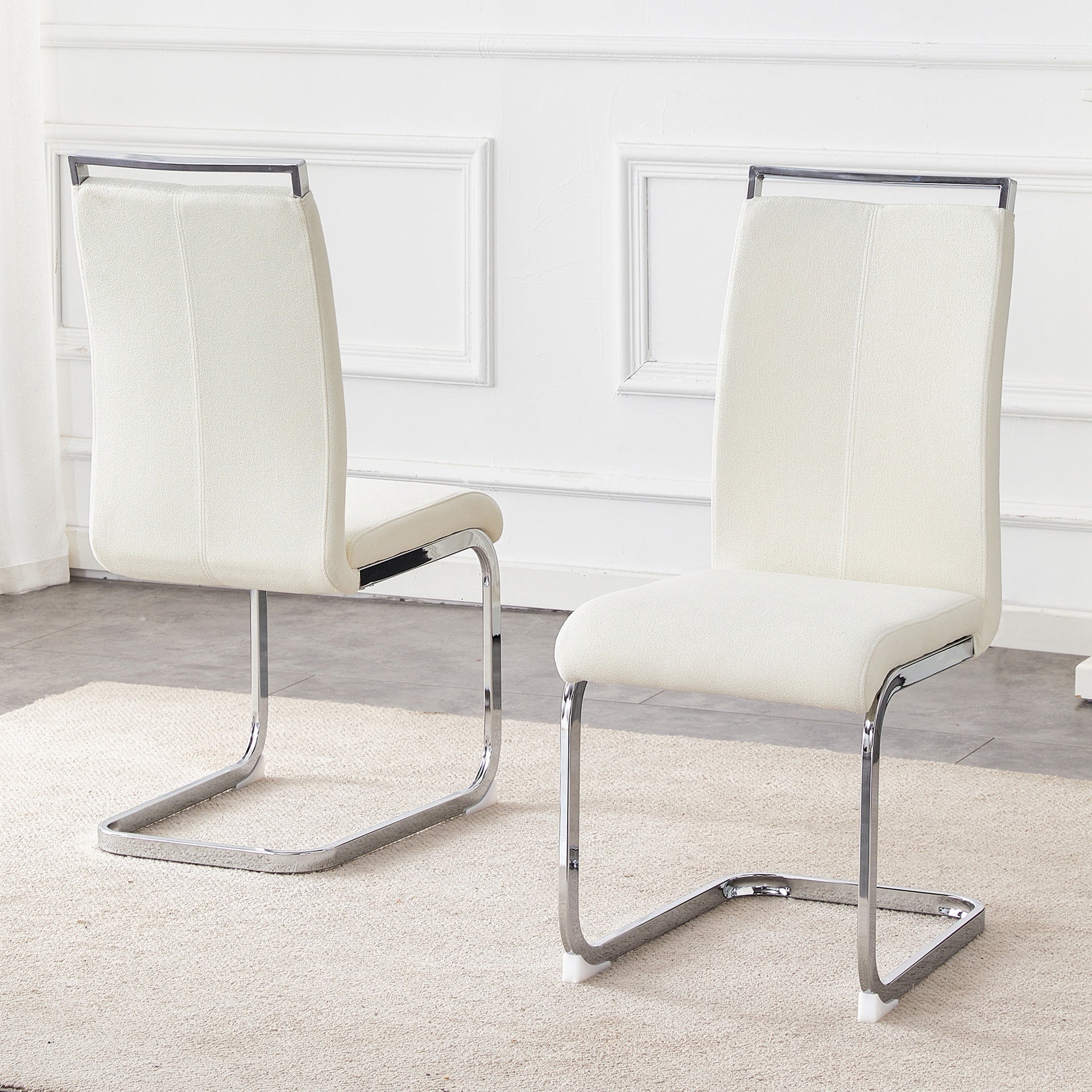 Set of 2 Cream Textured Granular Fabric Material Dining Chairs: 39.3" High, 20.4" Ergonomic Backrest, Ideal for Dining Room, Living Room & Modern Spaces, Stylish & Comfortable