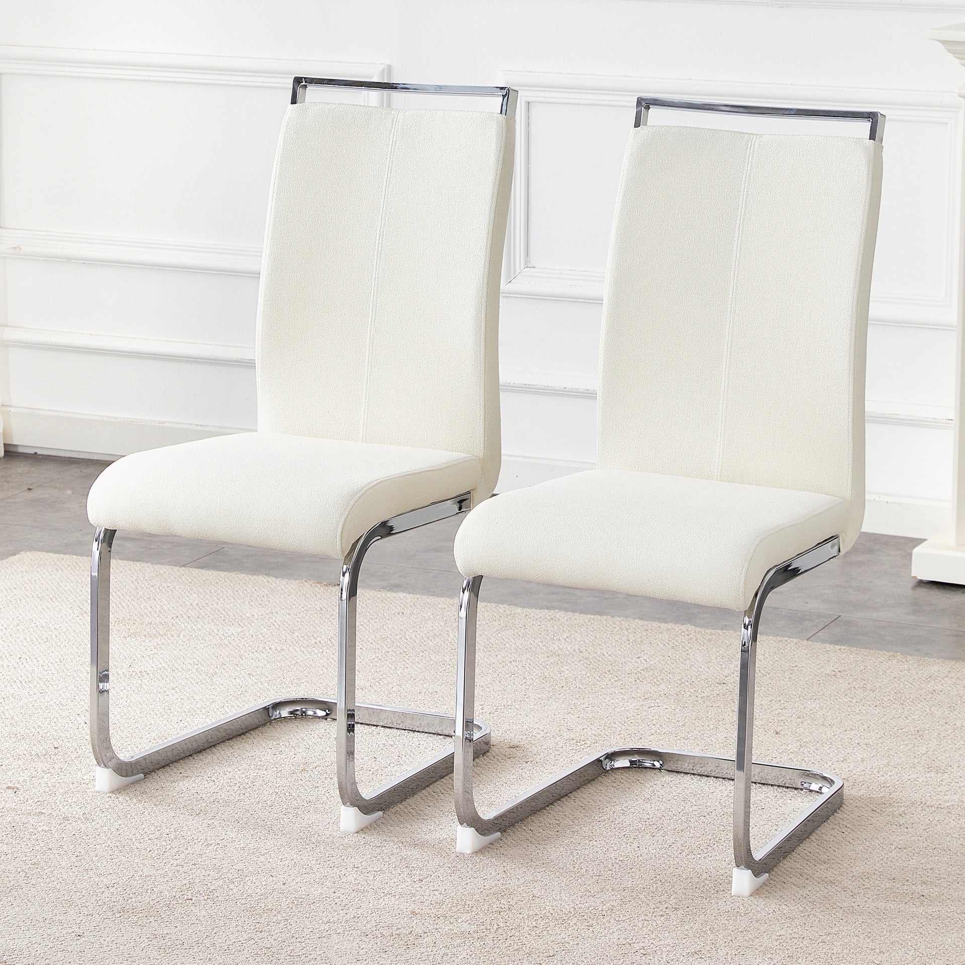 Set of 2 Cream Textured Granular Fabric Material Dining Chairs: 39.3" High, 20.4" Ergonomic Backrest, Ideal for Dining Room, Living Room & Modern Spaces, Stylish & Comfortable