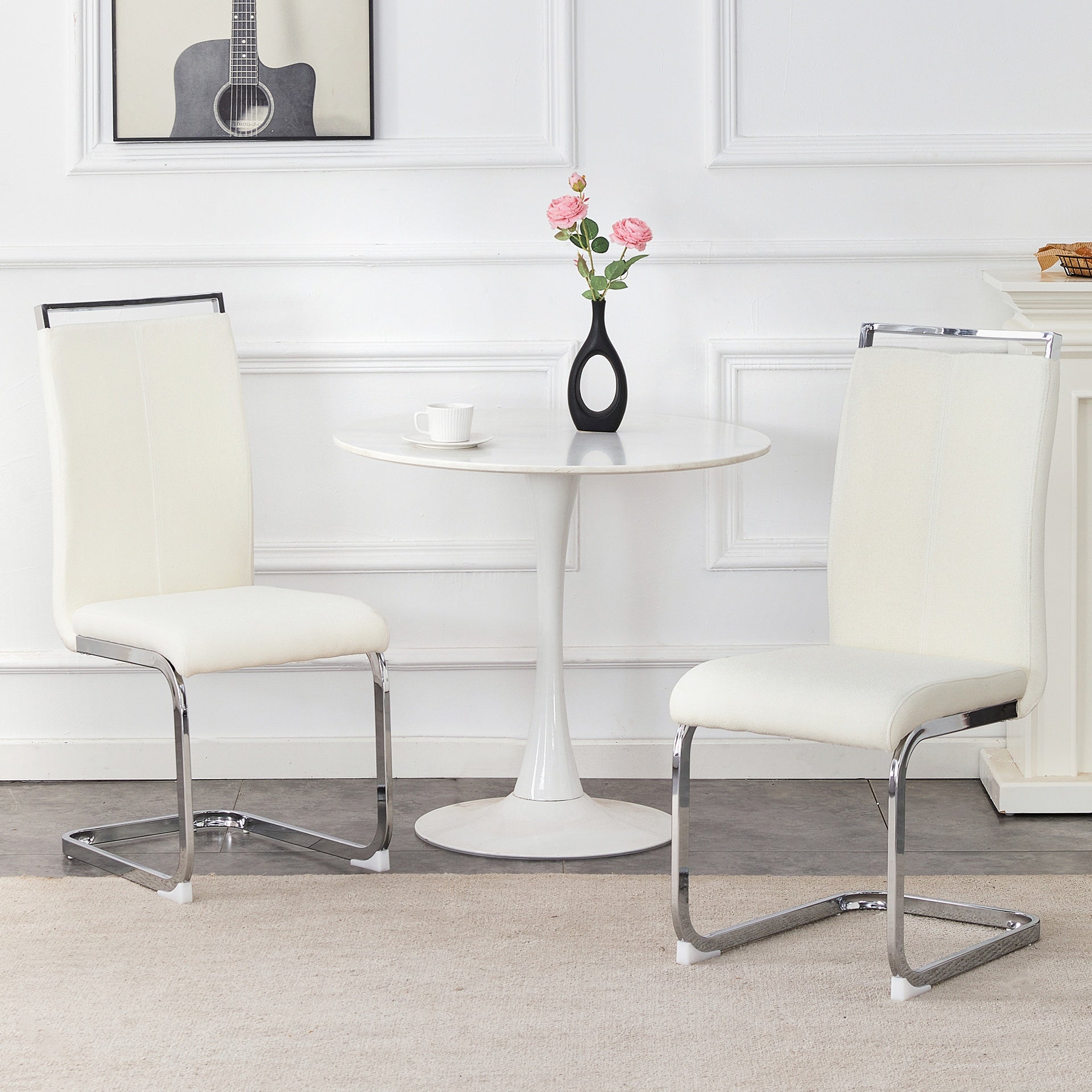 Set of 2 Cream Textured Granular Fabric Material Dining Chairs: 39.3" High, 20.4" Ergonomic Backrest, Ideal for Dining Room, Living Room & Modern Spaces, Stylish & Comfortable