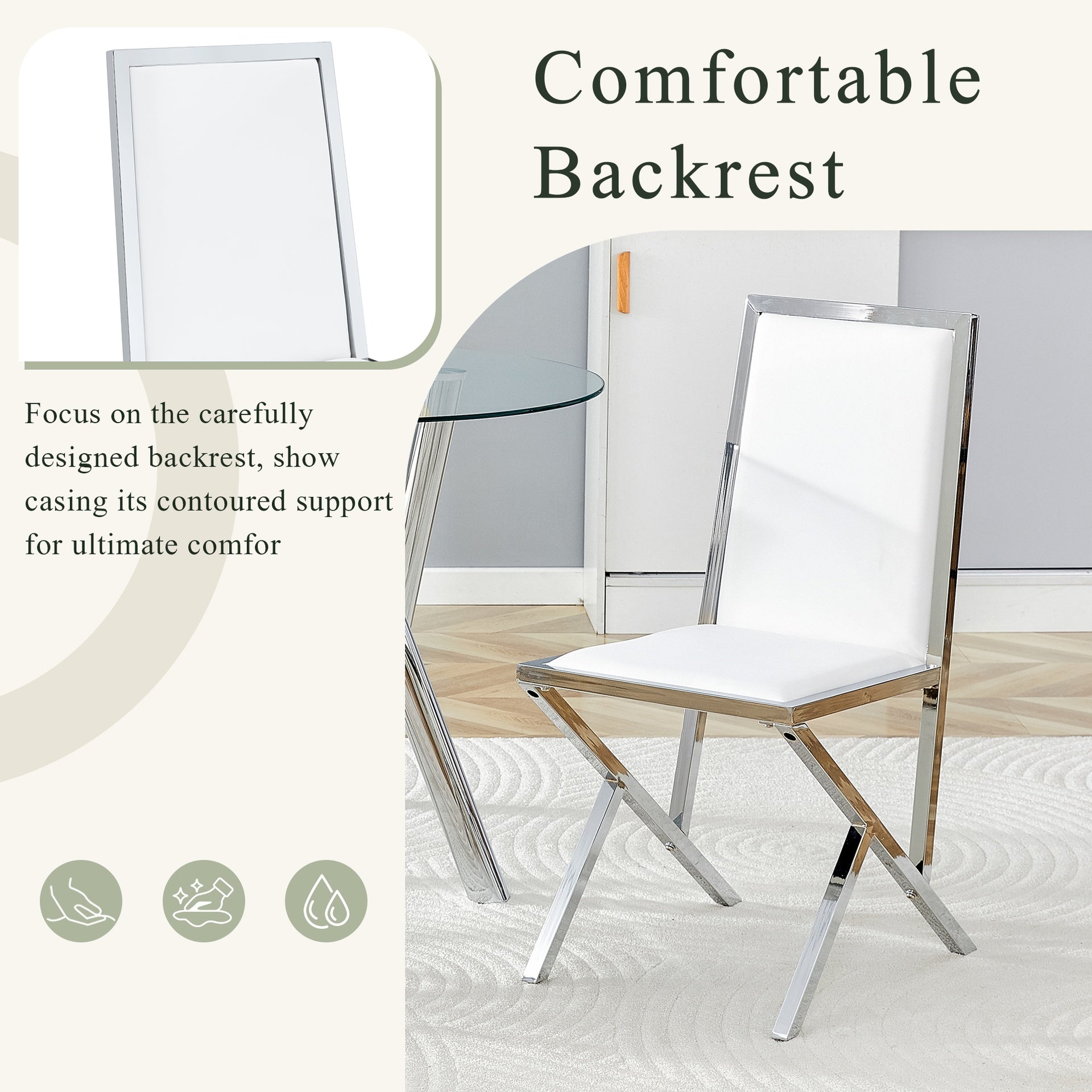 2-pack silver metal framed white PU dining chairs: ergonomic design, a simple and luxurious choice.Featuring uniquely designed silver metal legs.