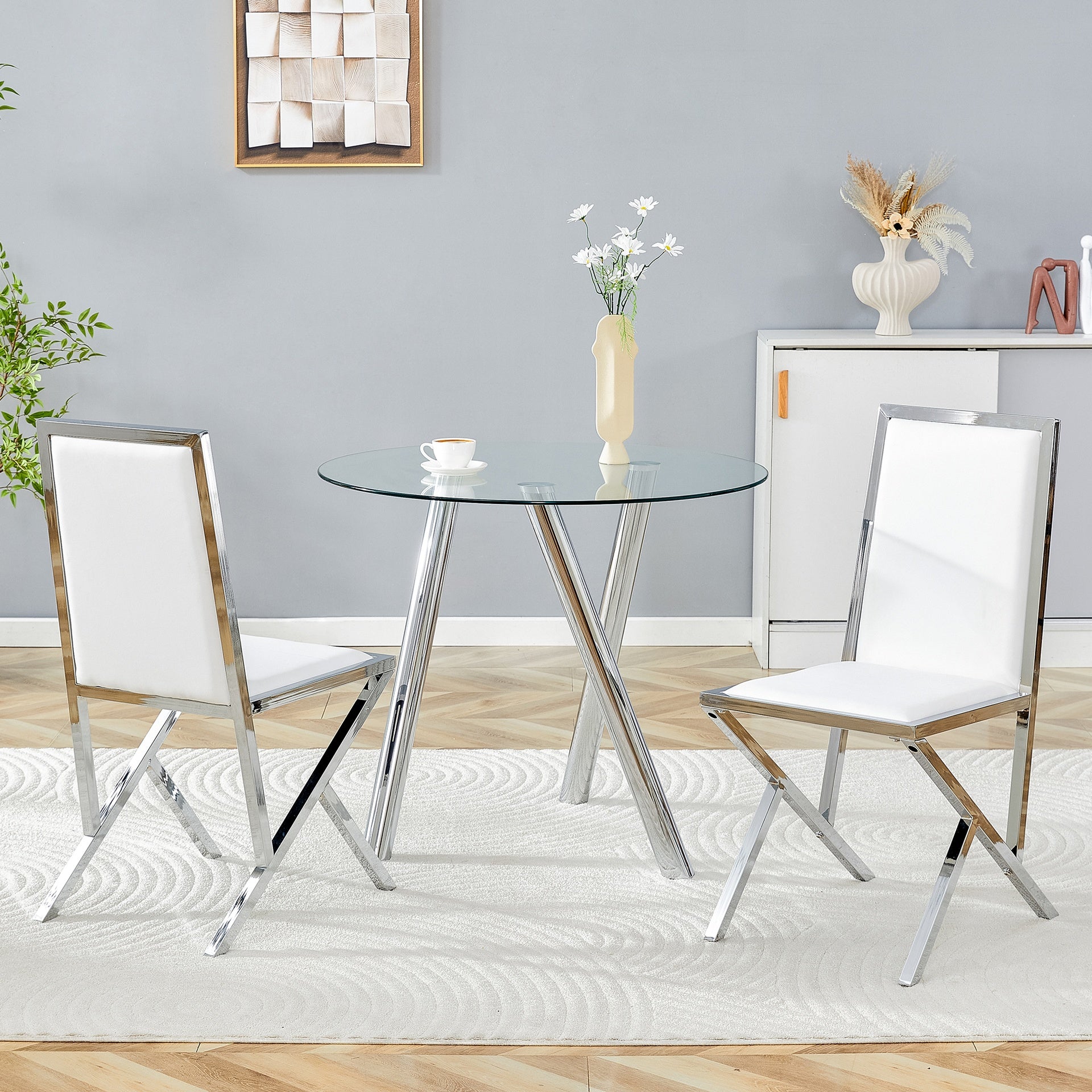 2-pack silver metal framed white PU dining chairs: ergonomic design, a simple and luxurious choice.Featuring uniquely designed silver metal legs.