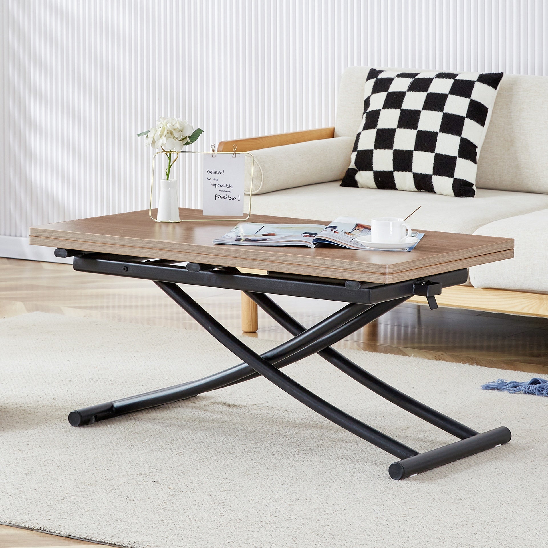 Modern minimalist multifunctional lifting table, with a 0.8-inch wood grain process sticker desktop and black metal legs, can be used as a dressing table, coffee table, dining table, and office table