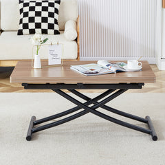 Modern minimalist multifunctional lifting table, with a 0.8-inch wood grain process sticker desktop and black metal legs, can be used as a dressing table, coffee table, dining table, and office table