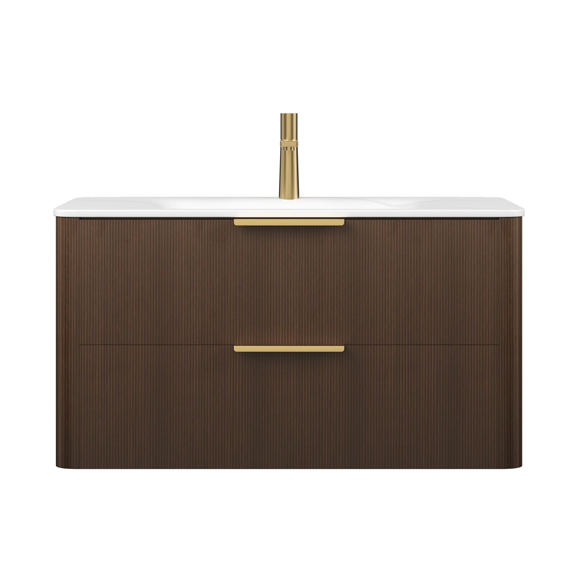 ZANE 36" Bathroom Vanity with Sink, Floating Ultra-Pinstriped Plywood Storage Cabinet with Drawers, Carrara White Sintered Stone Hot-bent Integrated Basin, Pre-assembled, Italy Walnut Woodgrain Color