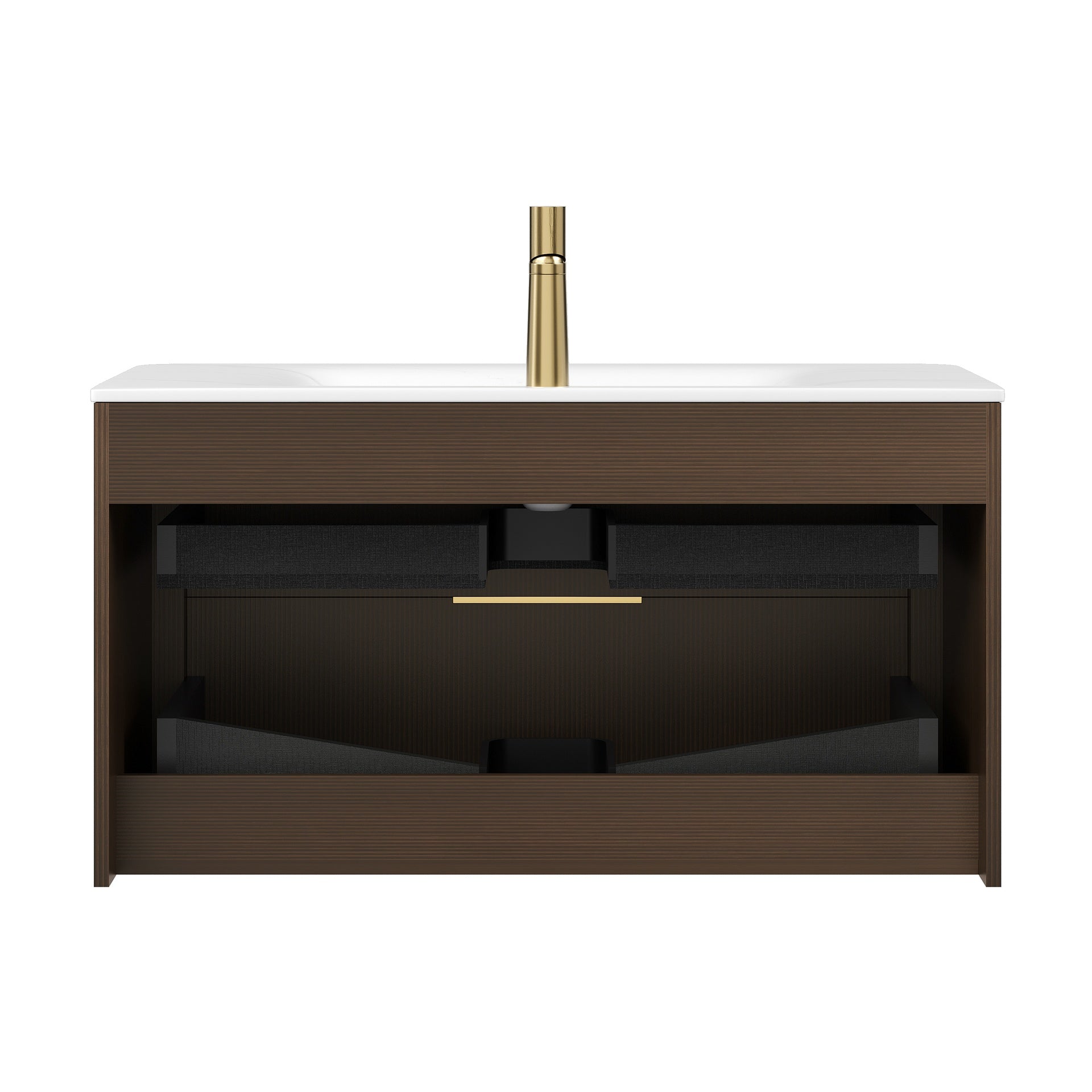 ZANE 36" Bathroom Vanity with Sink, Floating Ultra-Pinstriped Plywood Storage Cabinet with Drawers, Carrara White Sintered Stone Hot-bent Integrated Basin, Pre-assembled, Italy Walnut Woodgrain Color