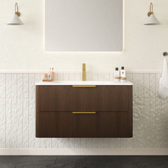 ZANE 36" Bathroom Vanity with Sink, Floating Ultra-Pinstriped Plywood Storage Cabinet with Drawers, Carrara White Sintered Stone Hot-bent Integrated Basin, Pre-assembled, Italy Walnut Woodgrain Color