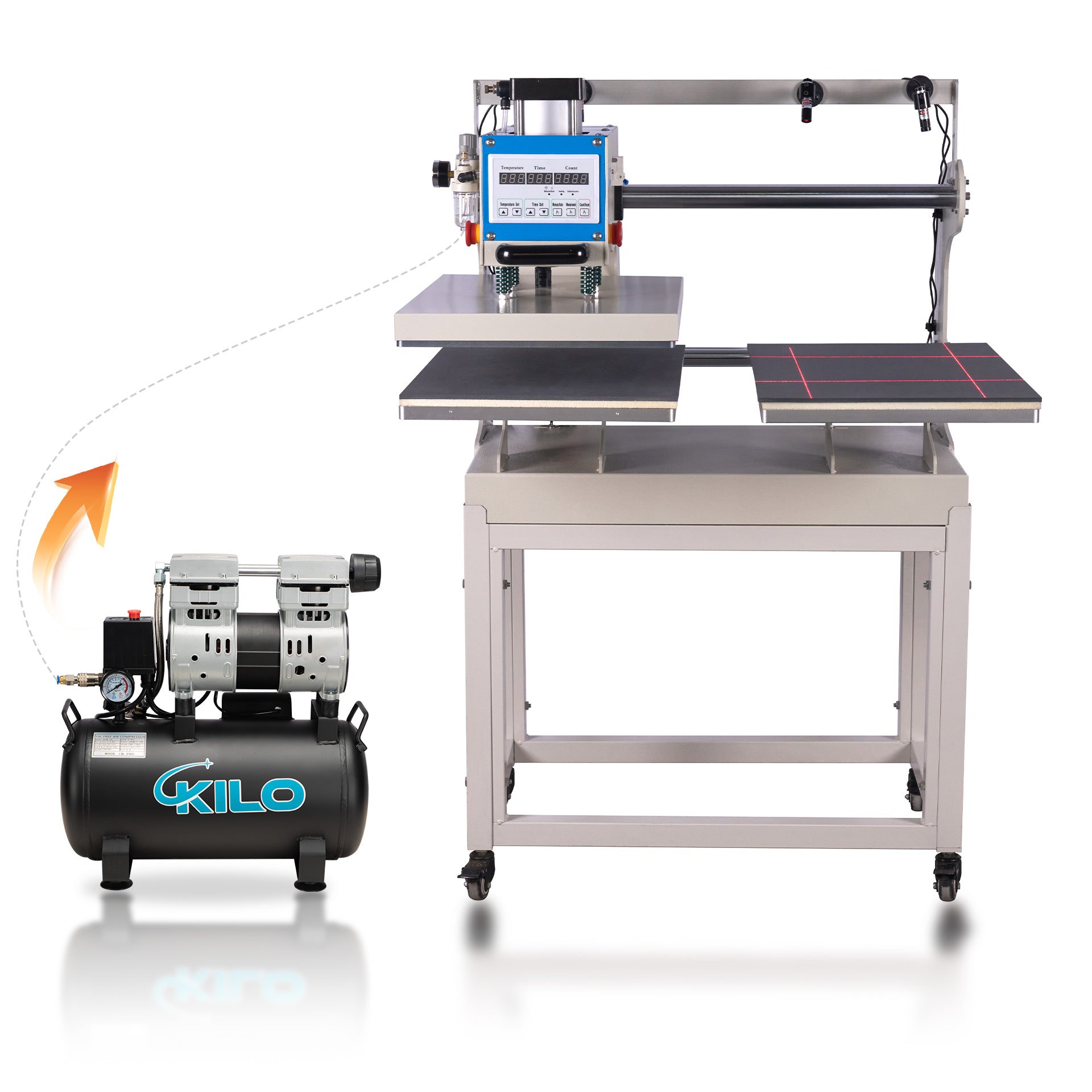 16x24 pneumatic sliding dual-platen hot press with infrared positioning and built-in air compressor
