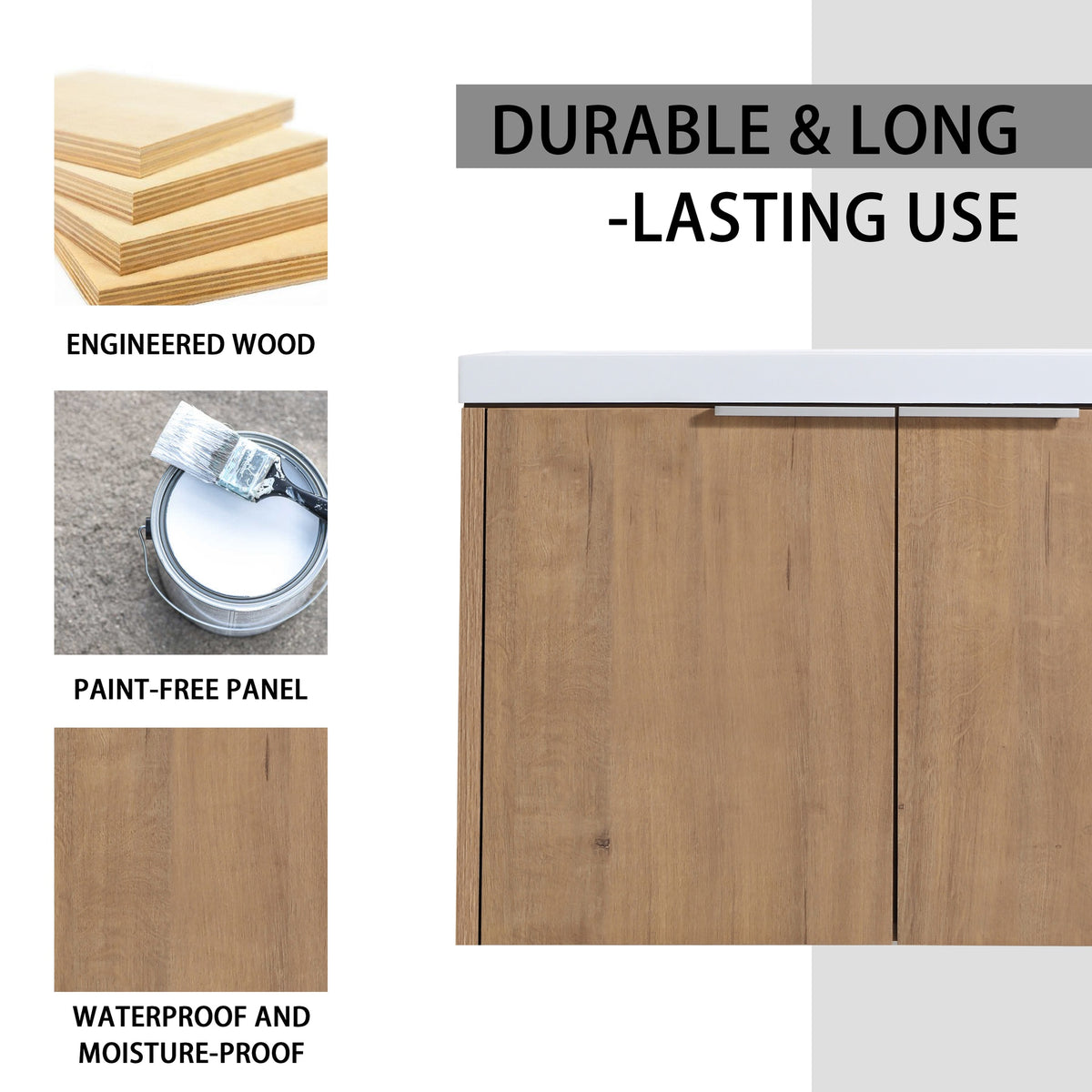 72" Wall-Mounted Bathroom Vanity With Sink and Side Cabinet, Soft Close Doors,00112IMO-00630IMOx2-00612GWH Combination Cabinet(KD-Packing)