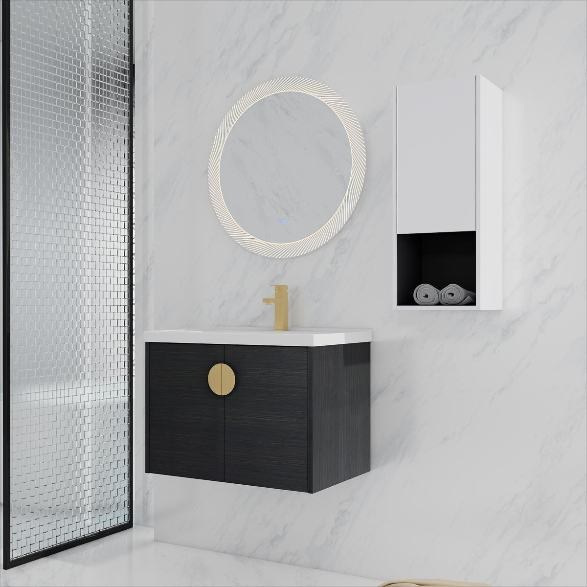 28" Wall-Mounted Bathroom Vanity With Ceramic Sink and Side Cabinet, Soft Close Doors, 00212WHK-06328BCT Combination Cabinet(KD-Packing)