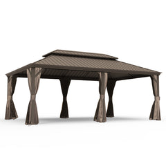 14' X 20' Hardtop Gazebo, Upgraded Metal Gazebo with Drainage System, Dual-Layer Galvanized Steel Roof, Curtain and Netting, Outdoor Shelter Canopy for Patio, Garden, and Backyard, Brown