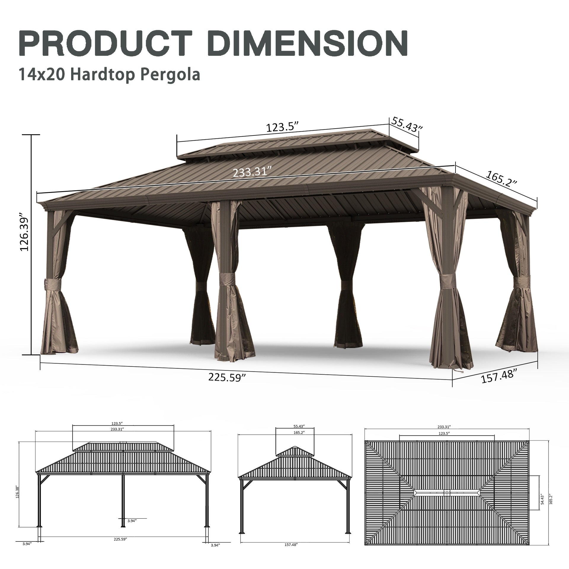 14' X 20' Hardtop Gazebo, Upgraded Metal Gazebo with Drainage System, Dual-Layer Galvanized Steel Roof, Curtain and Netting, Outdoor Shelter Canopy for Patio, Garden, and Backyard, Brown