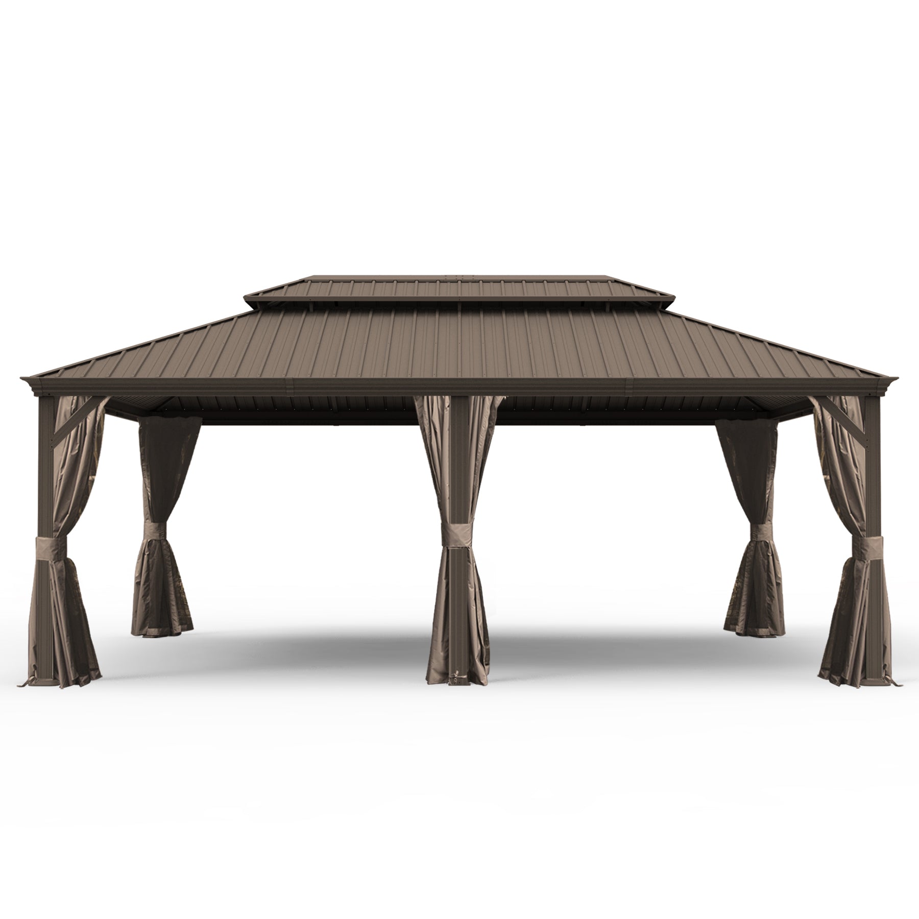 14' X 20' Hardtop Gazebo, Upgraded Metal Gazebo with Drainage System, Dual-Layer Galvanized Steel Roof, Curtain and Netting, Outdoor Shelter Canopy for Patio, Garden, and Backyard, Brown