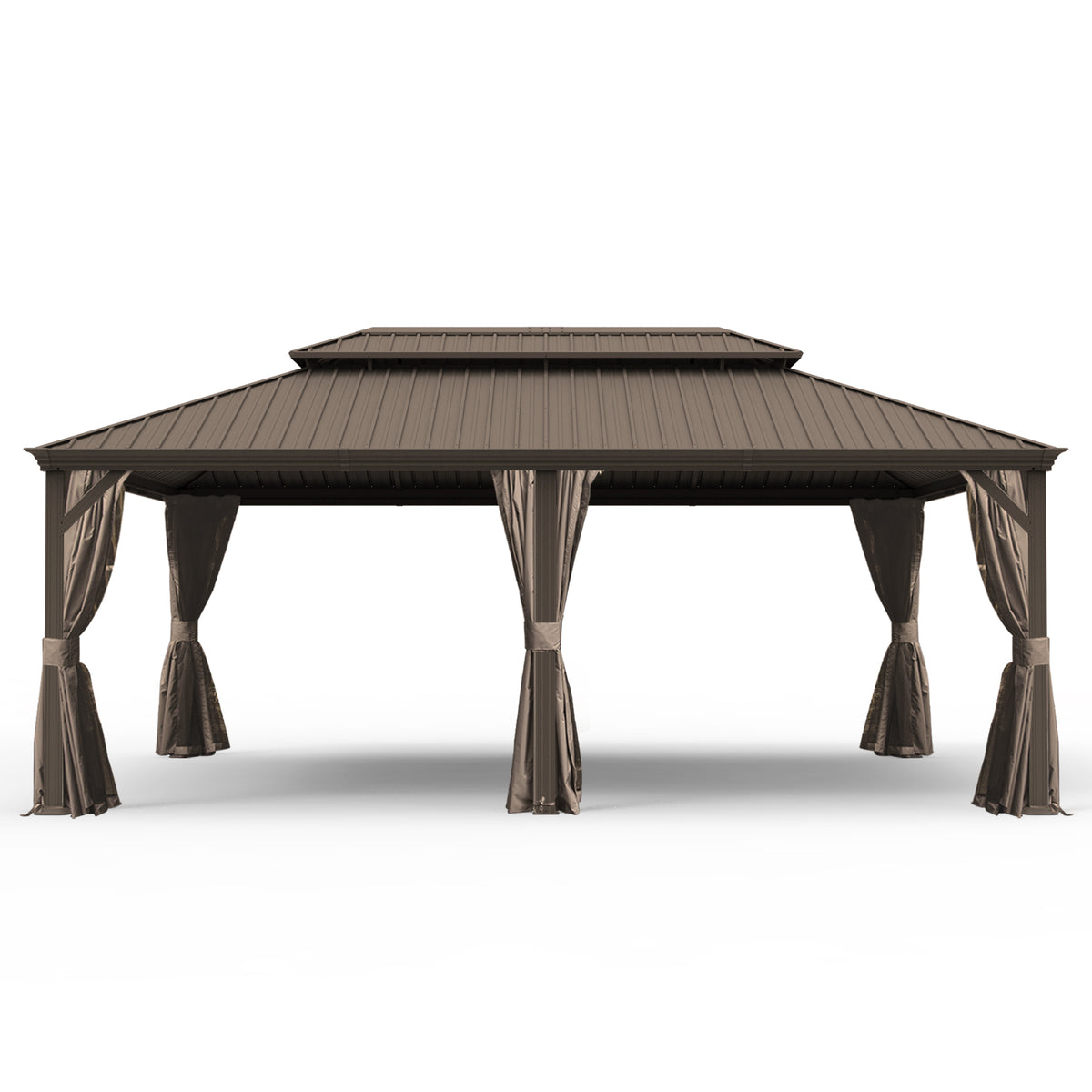 14' X 20' Hardtop Gazebo, Upgraded Metal Gazebo with Drainage System, Dual-Layer Galvanized Steel Roof, Curtain and Netting, Outdoor Shelter Canopy for Patio, Garden, and Backyard, Brown