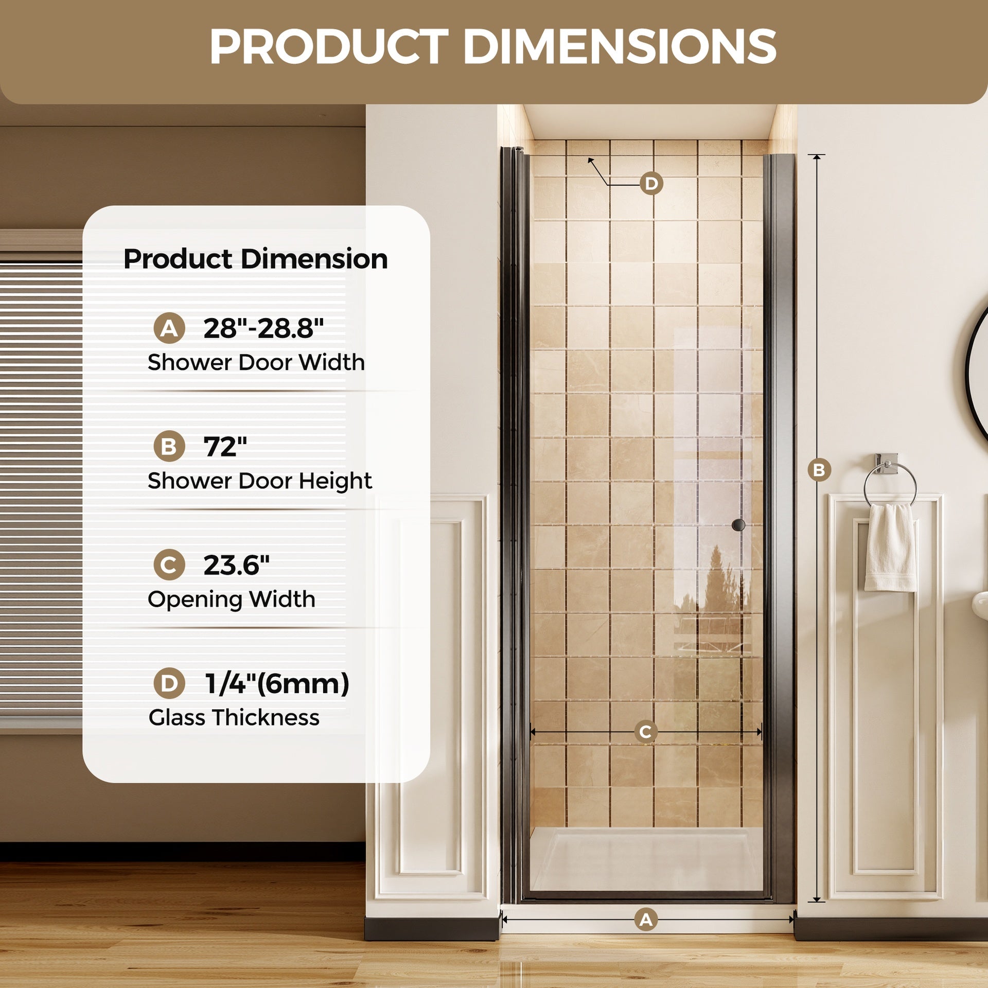 28-28.8" W x 72" H Matte Black Frameless Pivot Shower Door, 1/4" (6mm) Clear SGCC Tempered Glass, Explosion-proof Film
